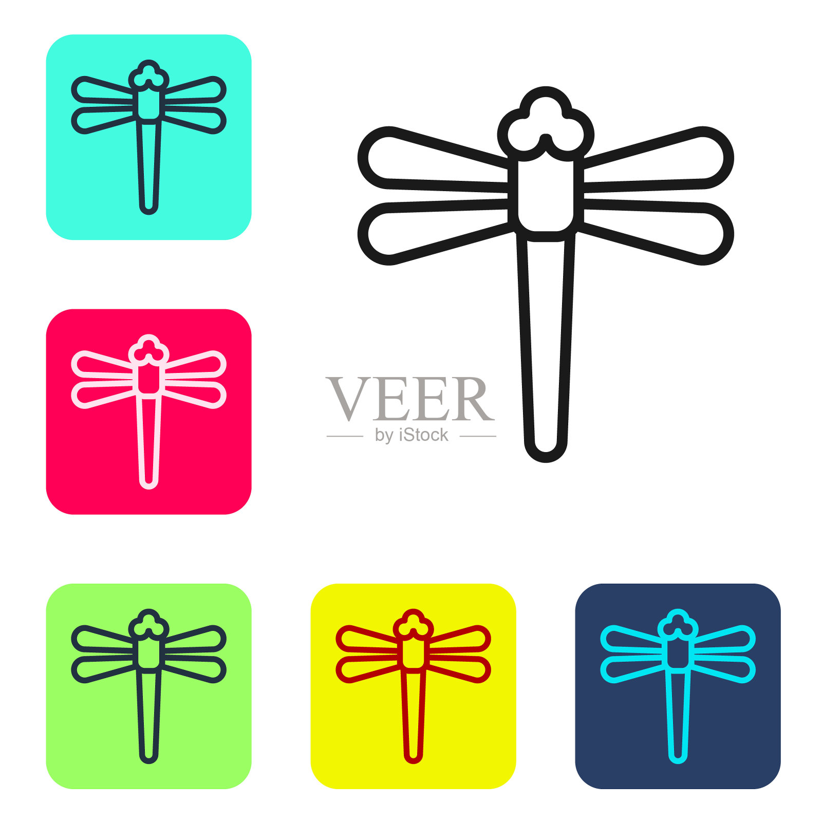 黑线蜻蜓图标孤立在白色背景。设置图标的颜色方形按钮。向量插画图片素材