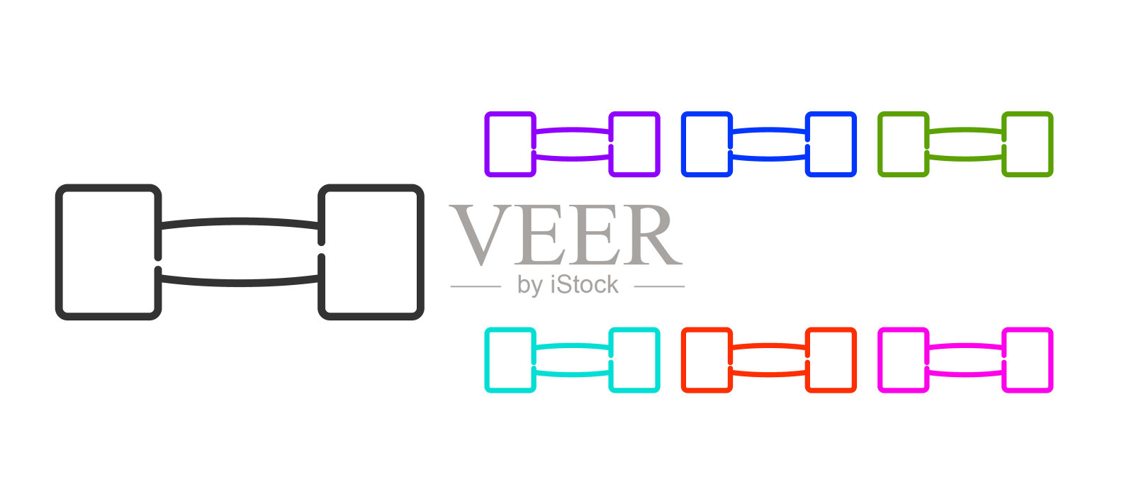 黑线哑铃图标孤立在白色背景。肌肉提升图标，健身杠铃，健身房，运动器材，运动哑铃。设置彩色图标。向量插画图片素材