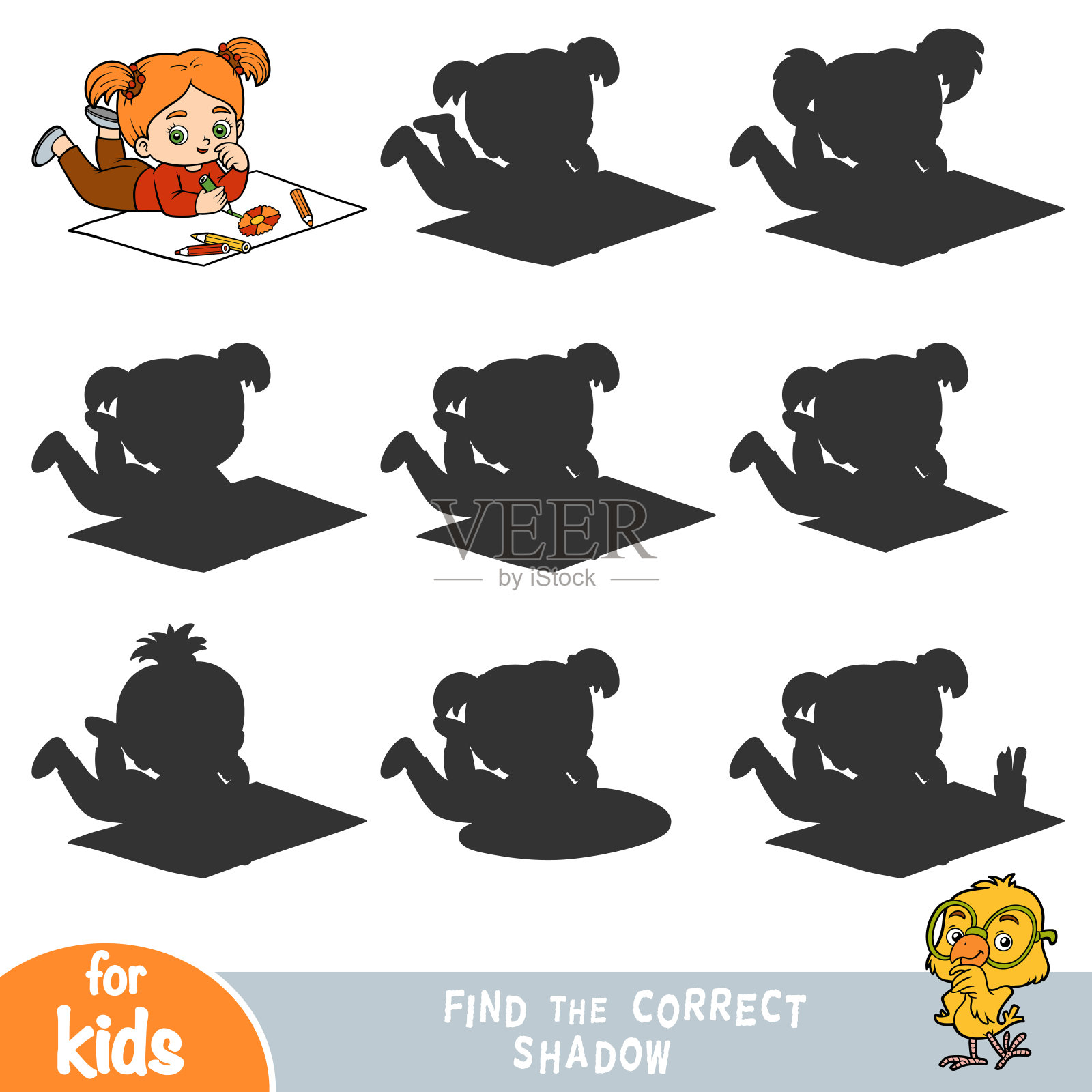 找到正确的影子，小女孩用彩色铅笔画一朵花插画图片素材