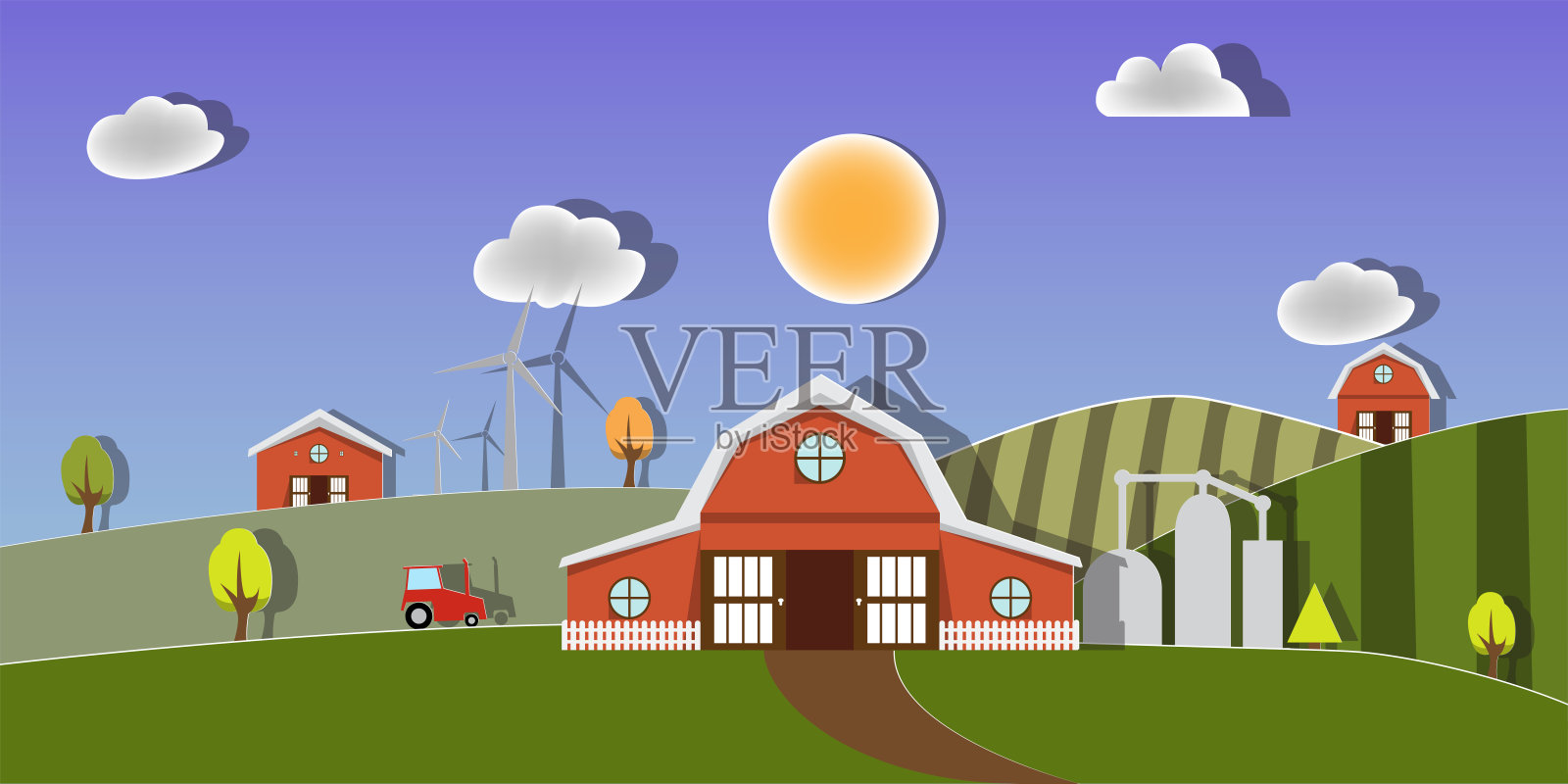 景观村庄农场绿色山丘田野。纸艺术风格。插画图片素材