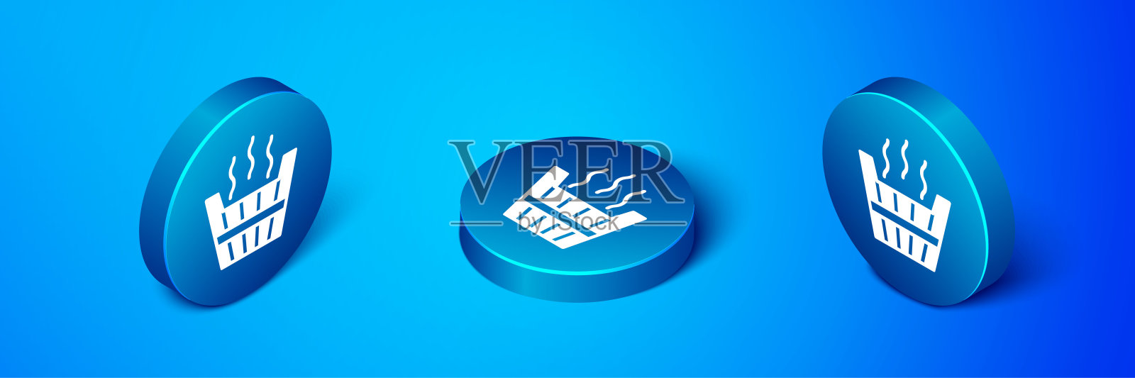 等距桑拿桶图标孤立在蓝色背景。蓝色圆按钮。向量插画图片素材