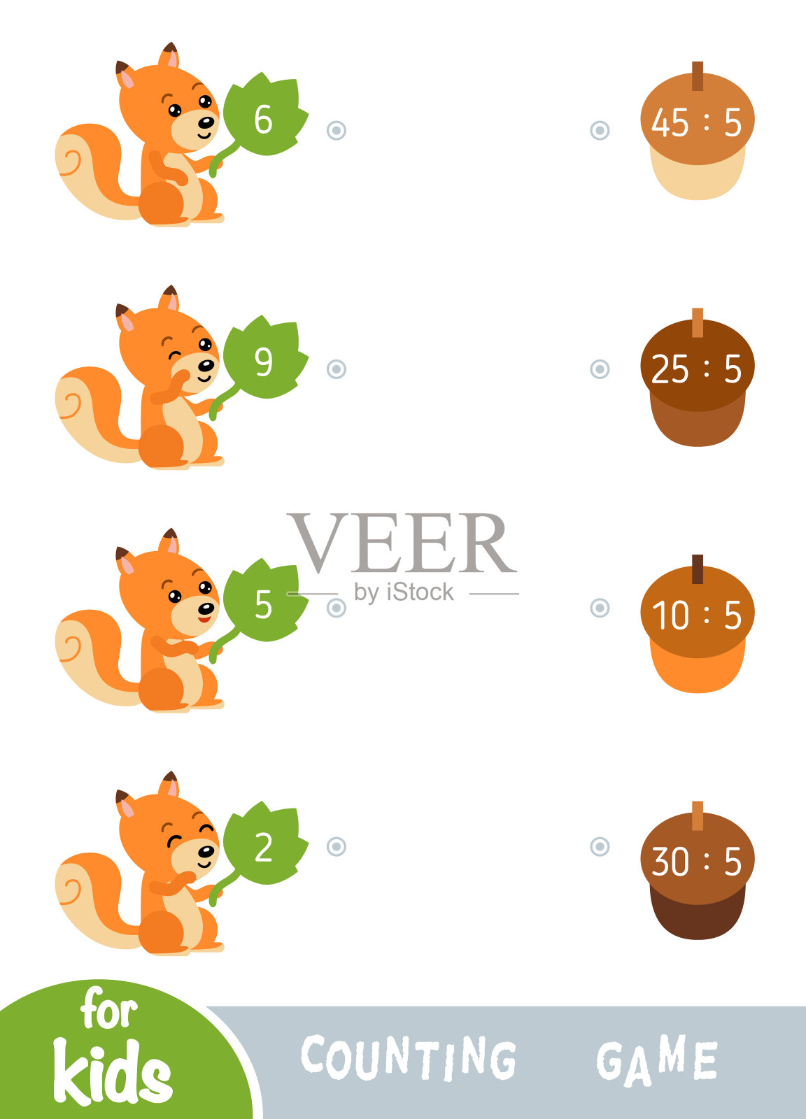 幼儿数数游戏。教育是一种数学游戏。松鼠和橡子设计元素图片