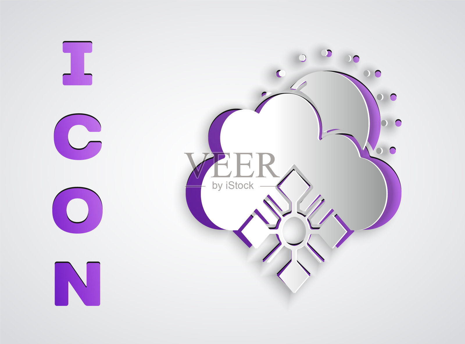 剪纸云与雪和太阳图标隔离在灰色背景。云与雪花。单一天气图标。下雪的迹象。纸艺术风格。向量图标素材