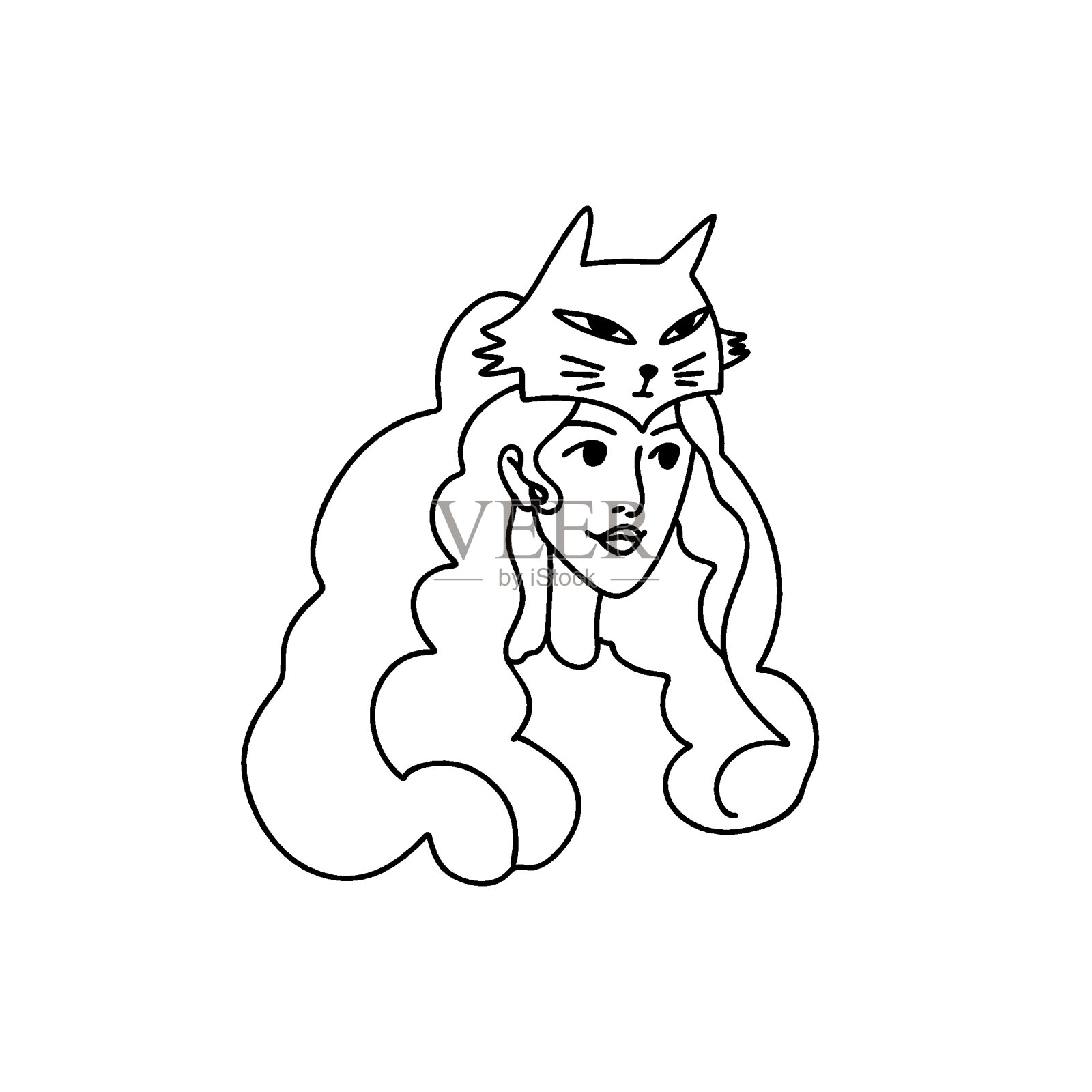 手画的女孩戴着猫头的头饰。一个头发浓密的女孩身上有一只猫的假面舞像。矢量股票孤立插图。剧院,狂欢节的概念。插画图片素材