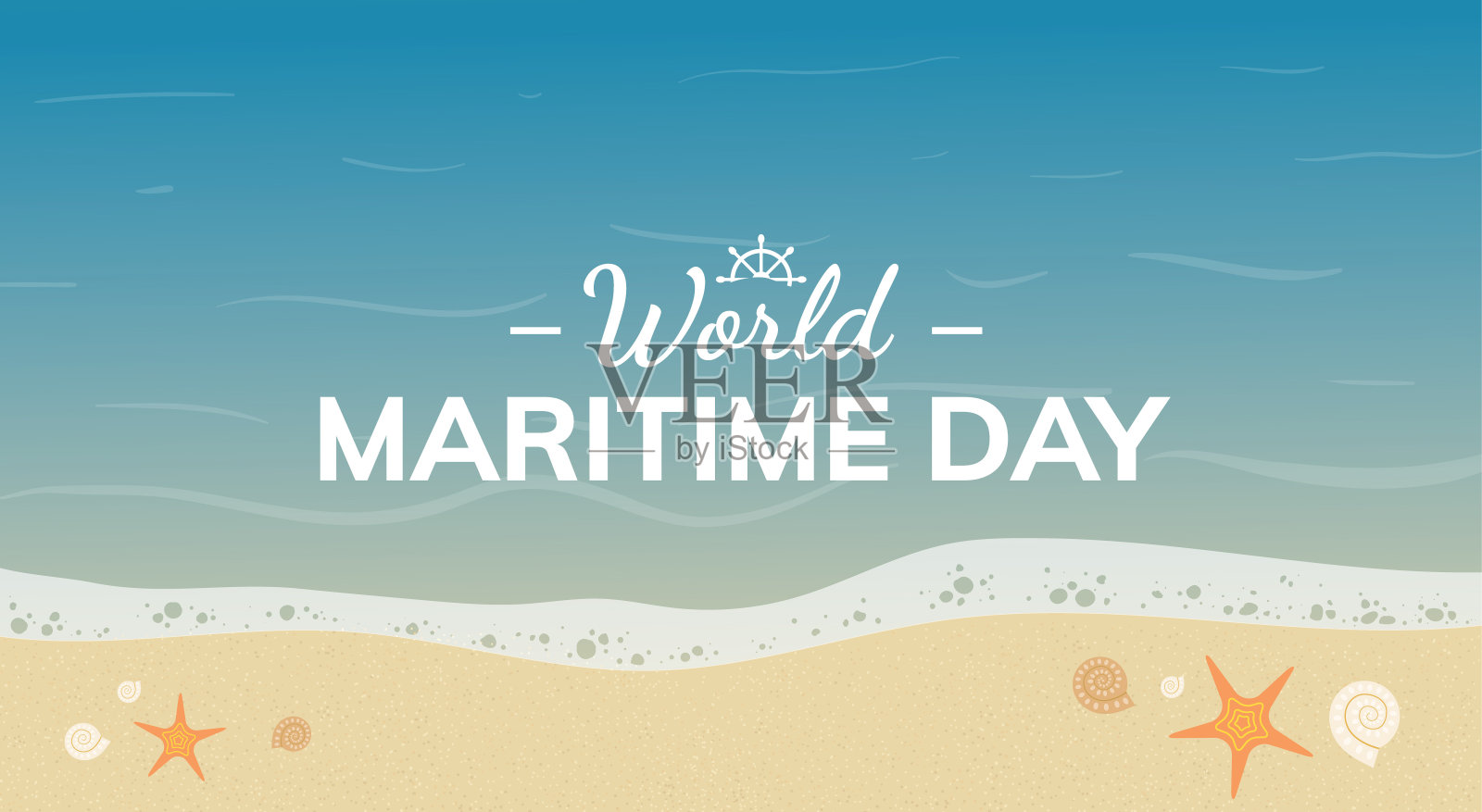 世界海事日庆祝横幅设计。海滩上的海星和贝壳。海边的场景与沙滩上的软体动物和海浪-向量插画图片素材