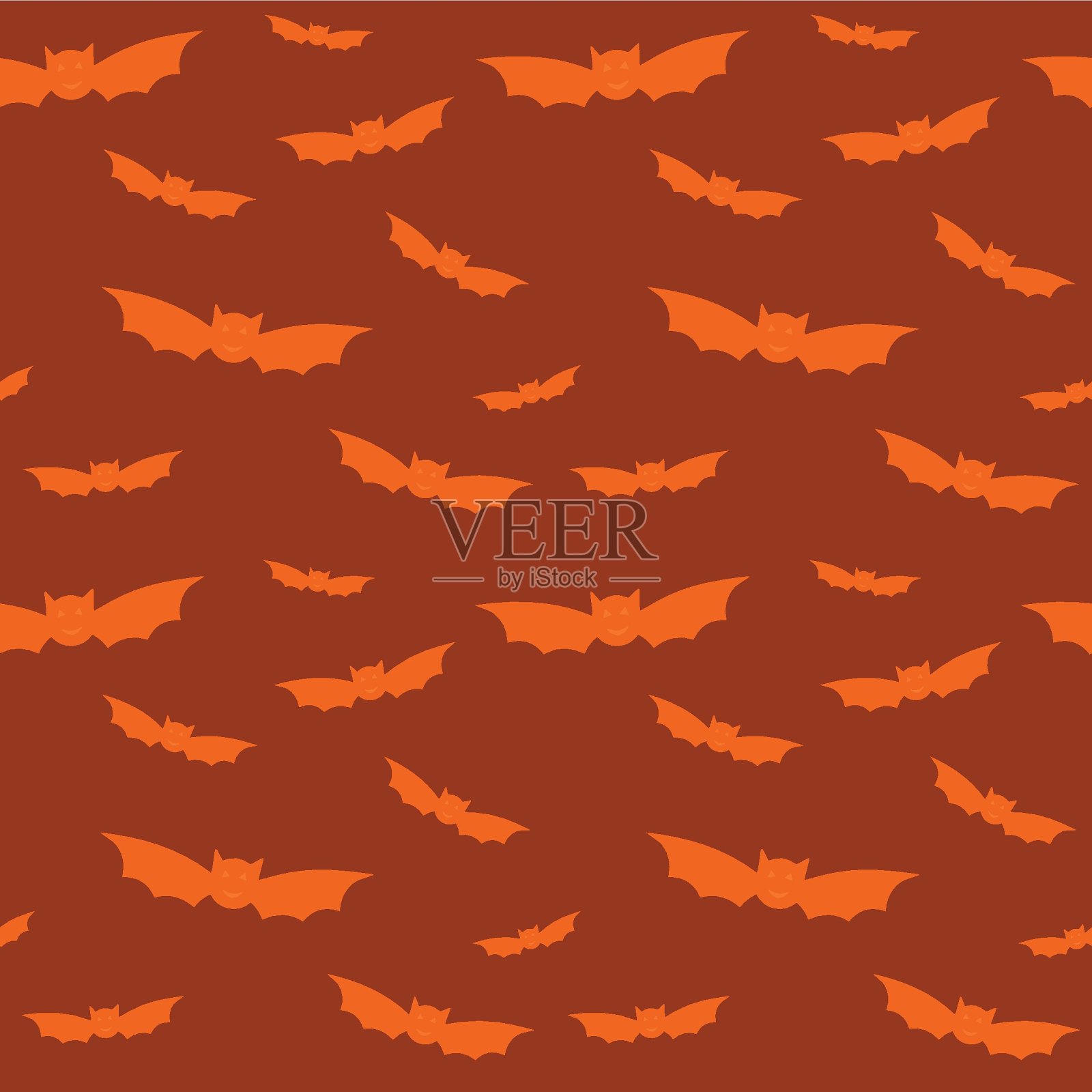 万圣节无缝图案与橙色飞行蝙蝠。蝙蝠剪影图标的橙色背景包装纸，明信片，家纺，服装。矢量插图孤立。万圣节的装饰品插画图片素材
