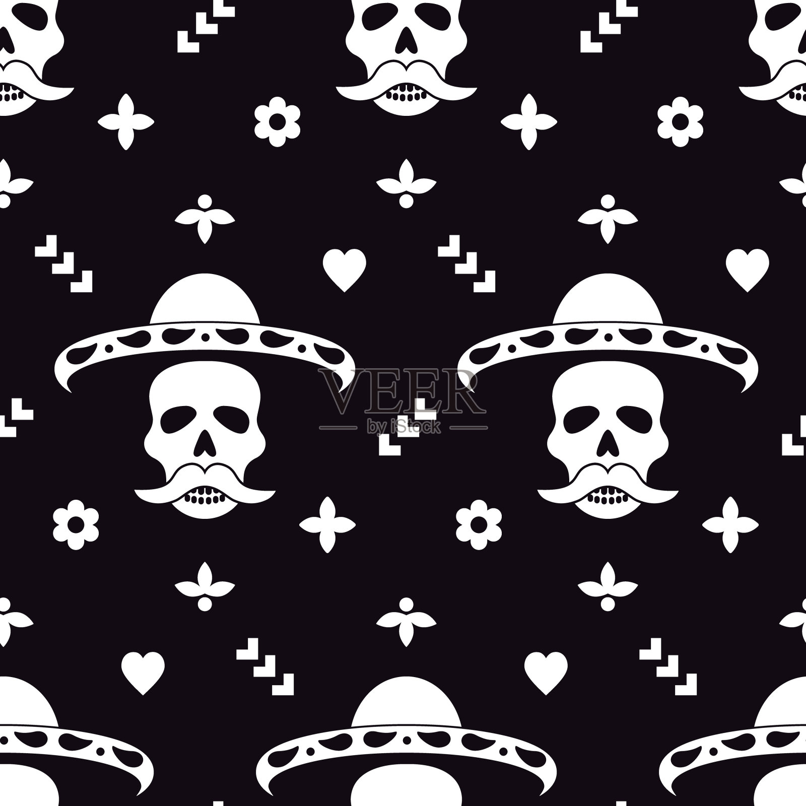 无缝模式与头骨在宽边帽和装饰元素。墨西哥的亡灵节。矢量插图。插画图片素材