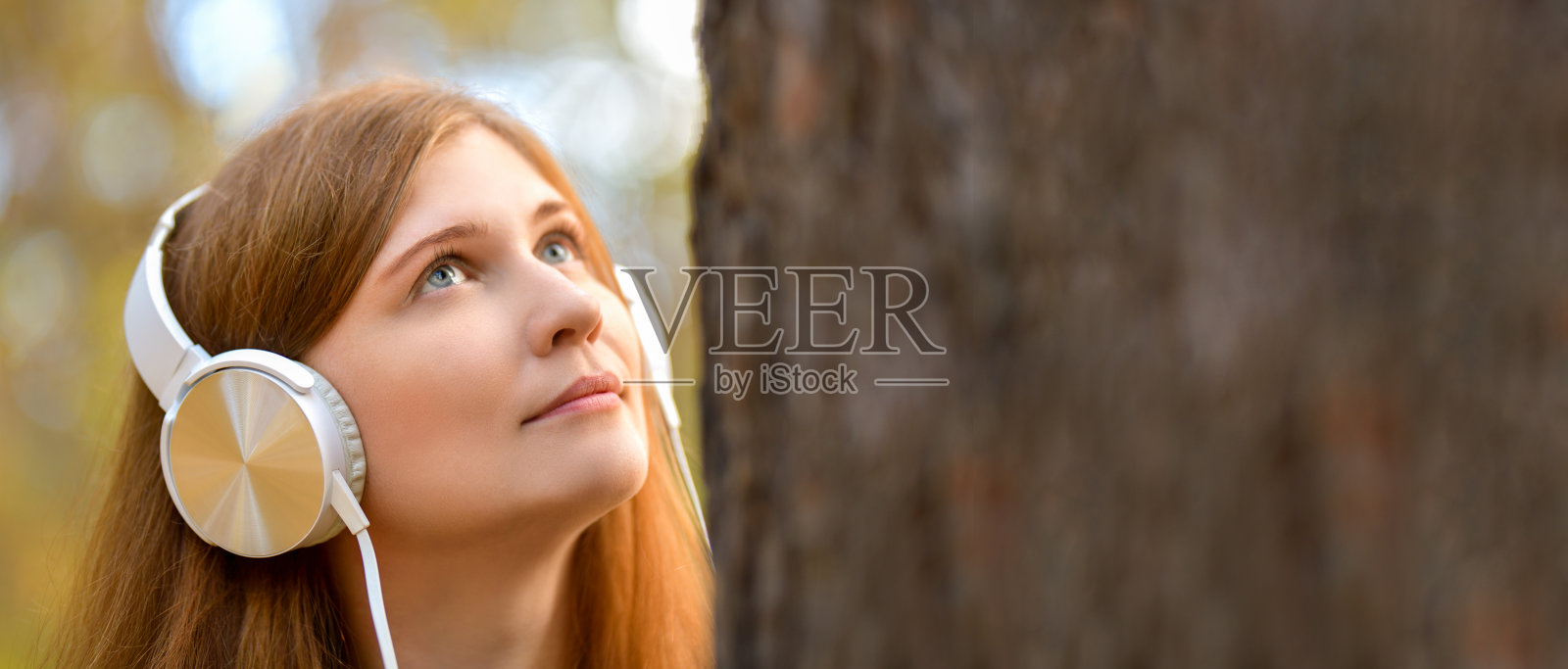 横幅。可爱的红发女孩戴着白色耳机看着树林里的一棵树。树林里戴耳机的女孩。女人看着那棵树。戴着耳机听音乐的女孩照片摄影图片