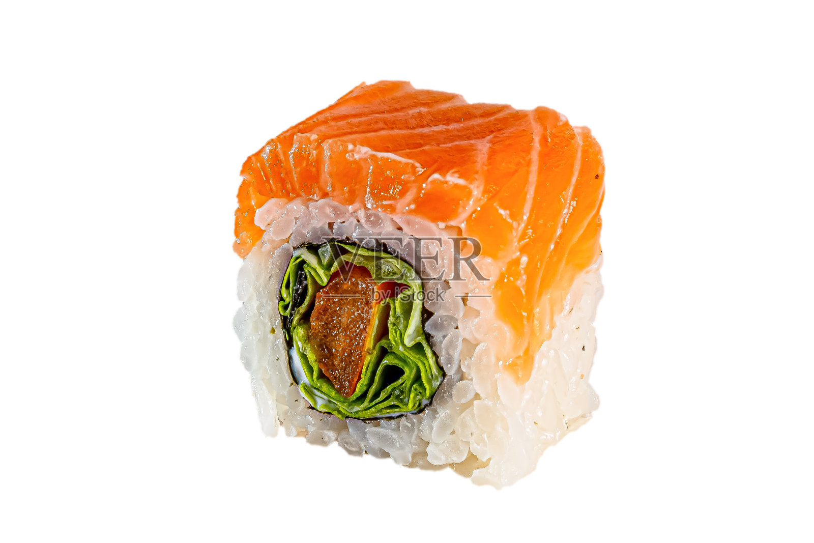 日本的寿司卷。鲑鱼，米饭，金枪鱼，生菜。为菜单。孤立。照片摄影图片