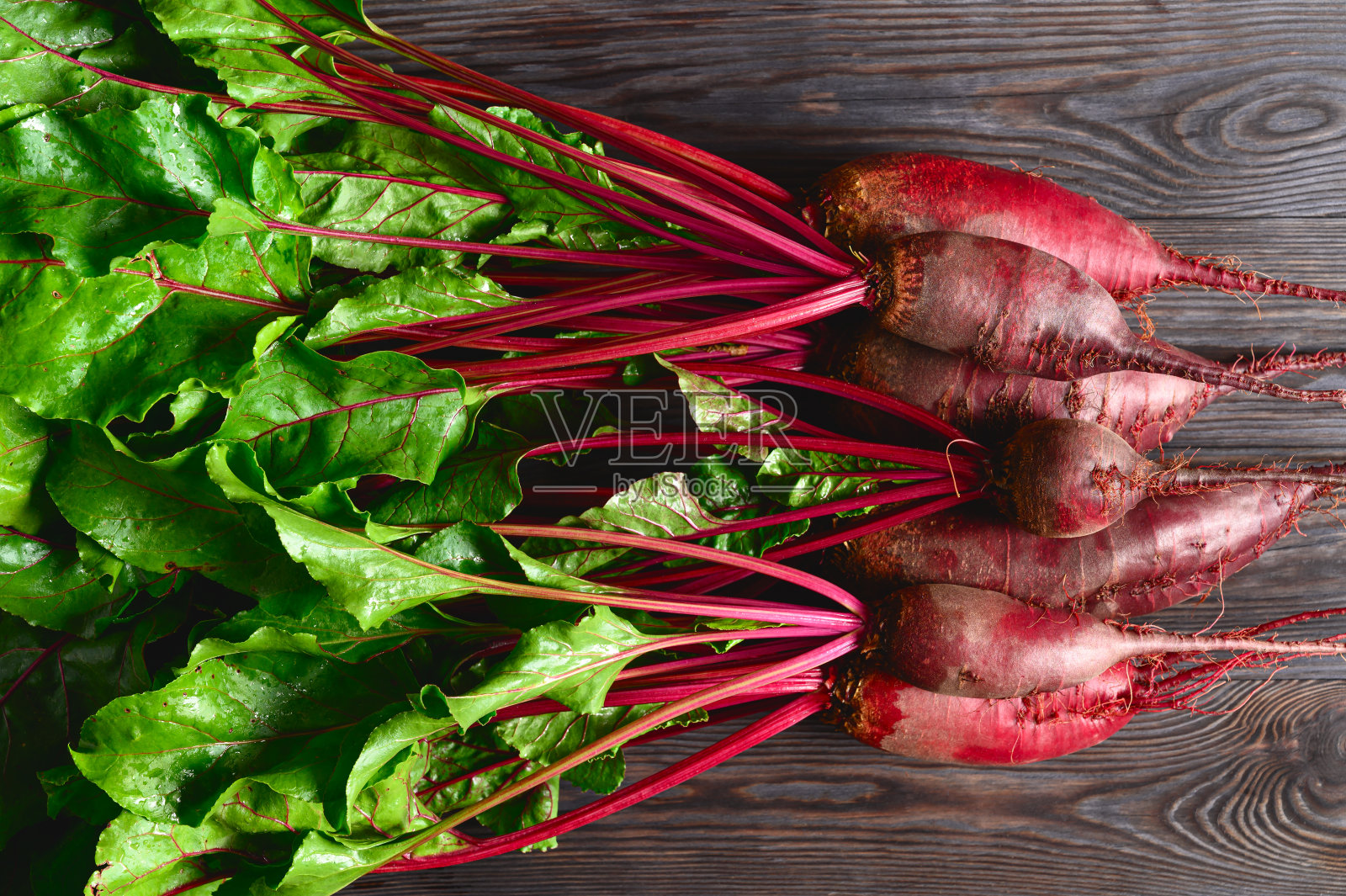 黑色木质背景上的绿色顶部的生甜菜。生态食品，乡村风格。照片摄影图片