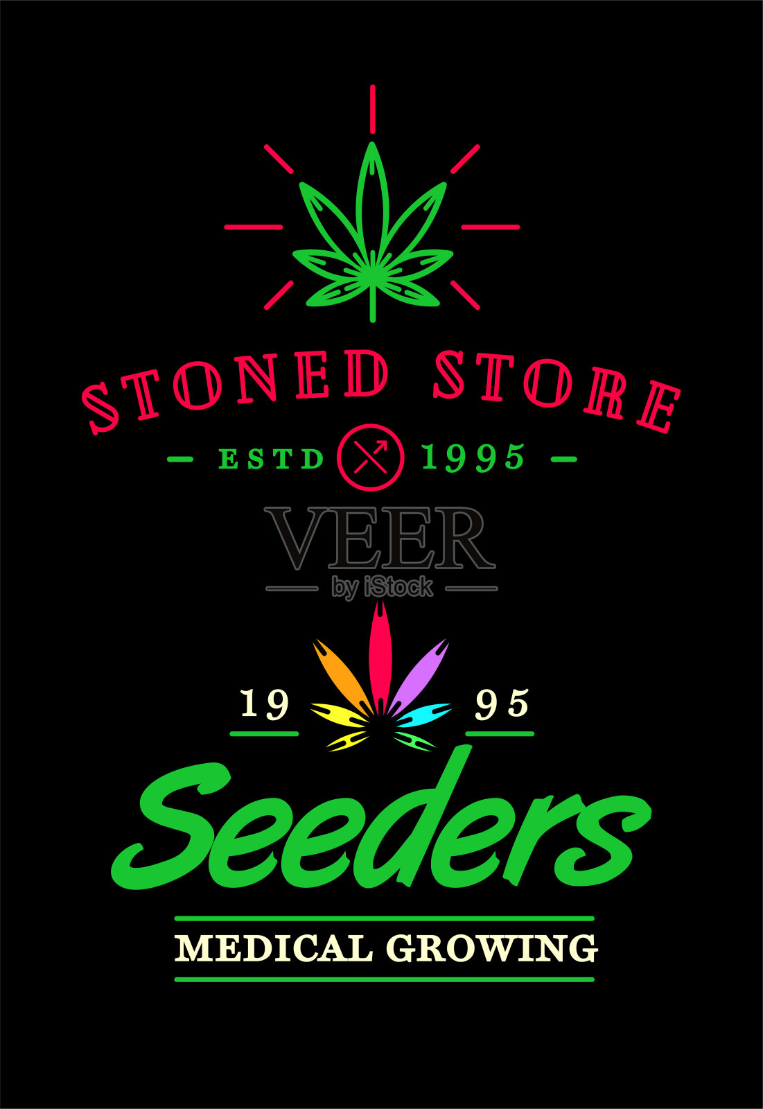 一套药房医用大麻大麻符号或标签模板矢量。Sativa和Indica菌株。插画图片素材