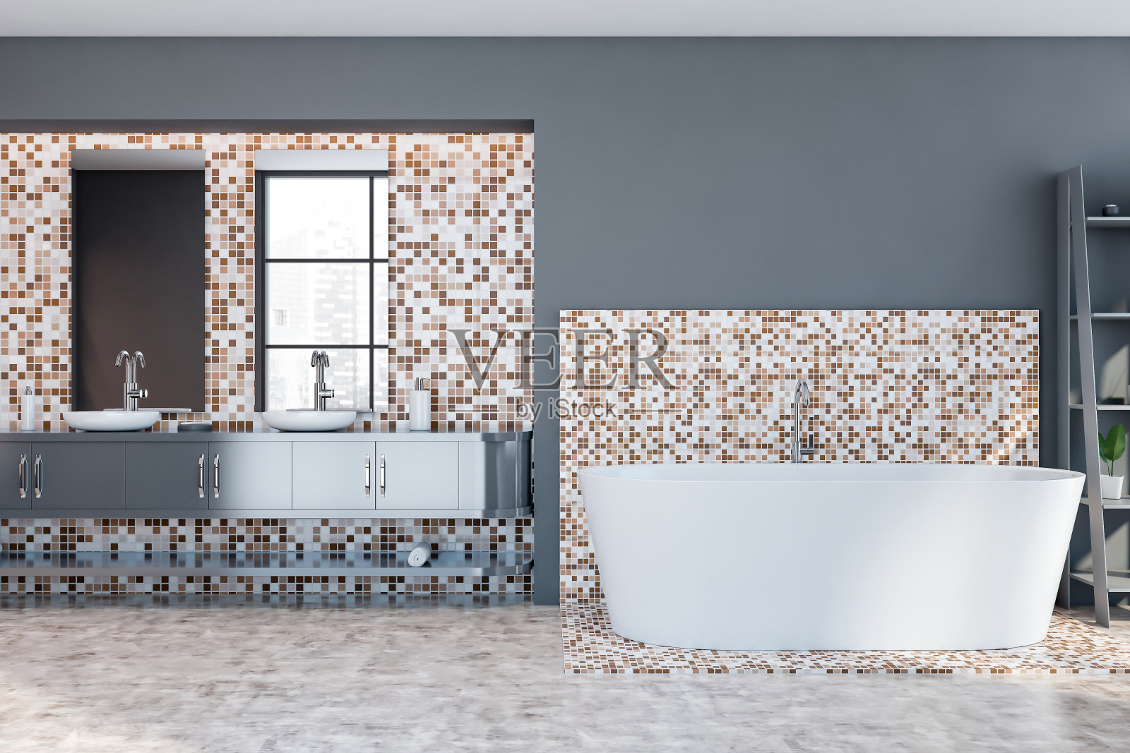 灰色和马赛克浴室，浴缸和水槽照片摄影图片