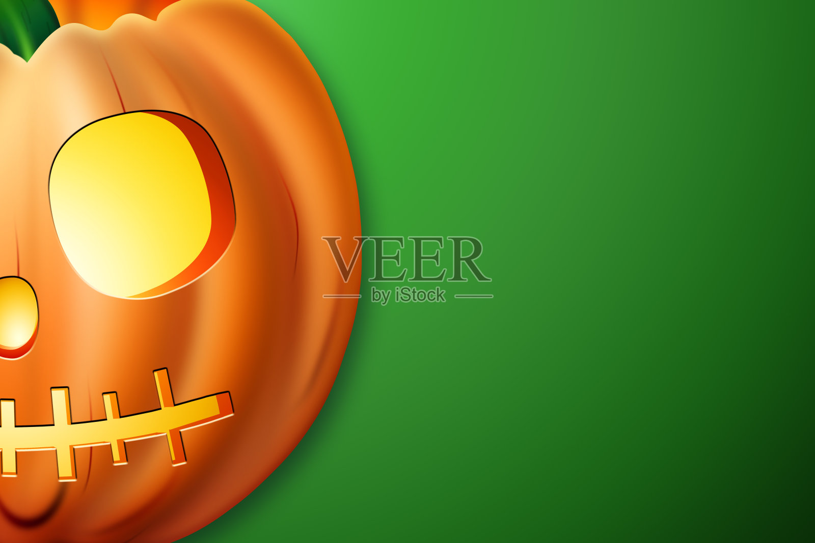 创造性的万圣节的背景。现实形象的南瓜在一个绿色的背景。可怕的杰克。网站插图。复制空间，3D插图，3D渲染。照片摄影图片