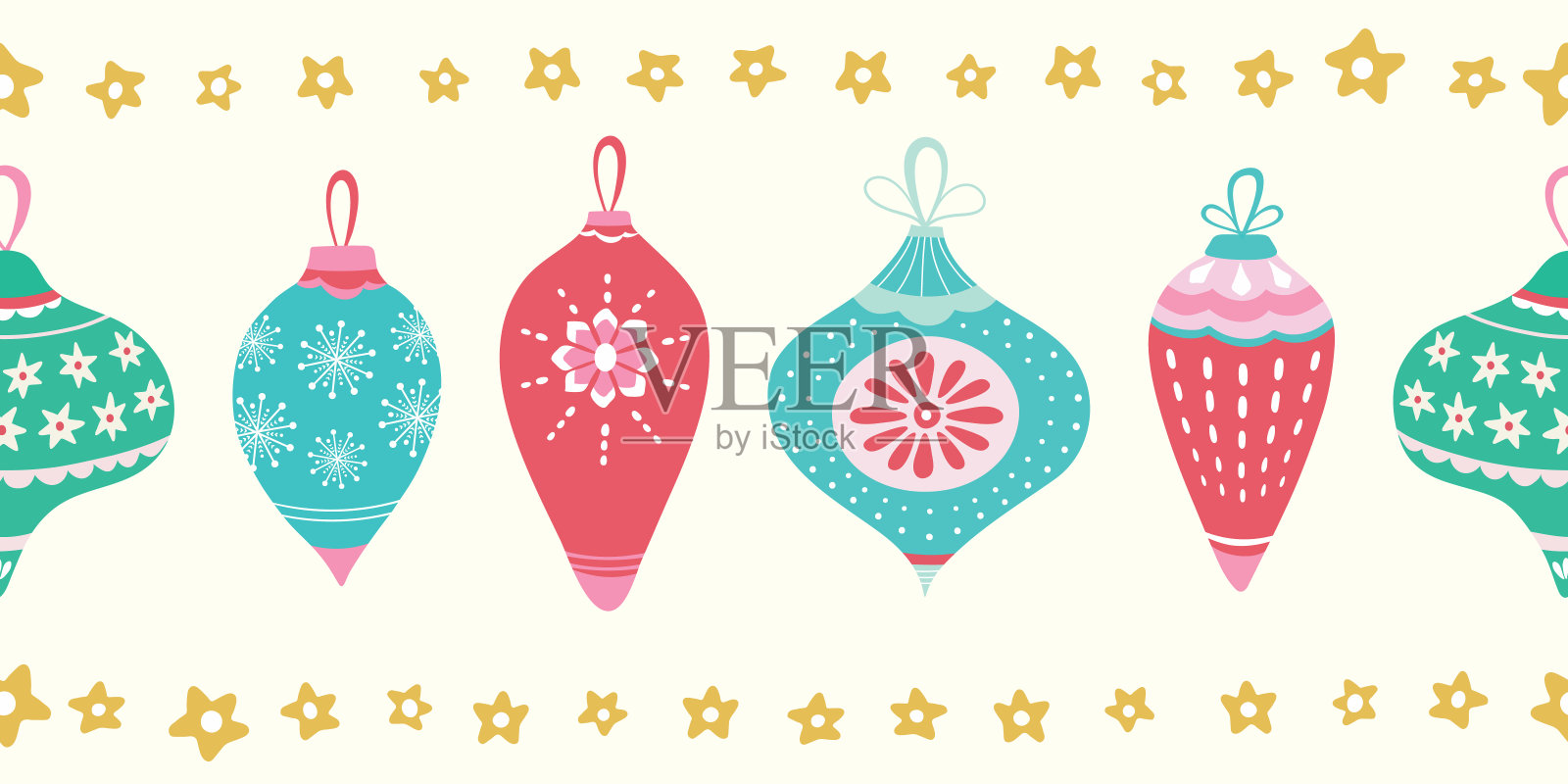 圣诞挂饰图案设计边框。无缝重复矢量季节插图与星星。插画图片素材