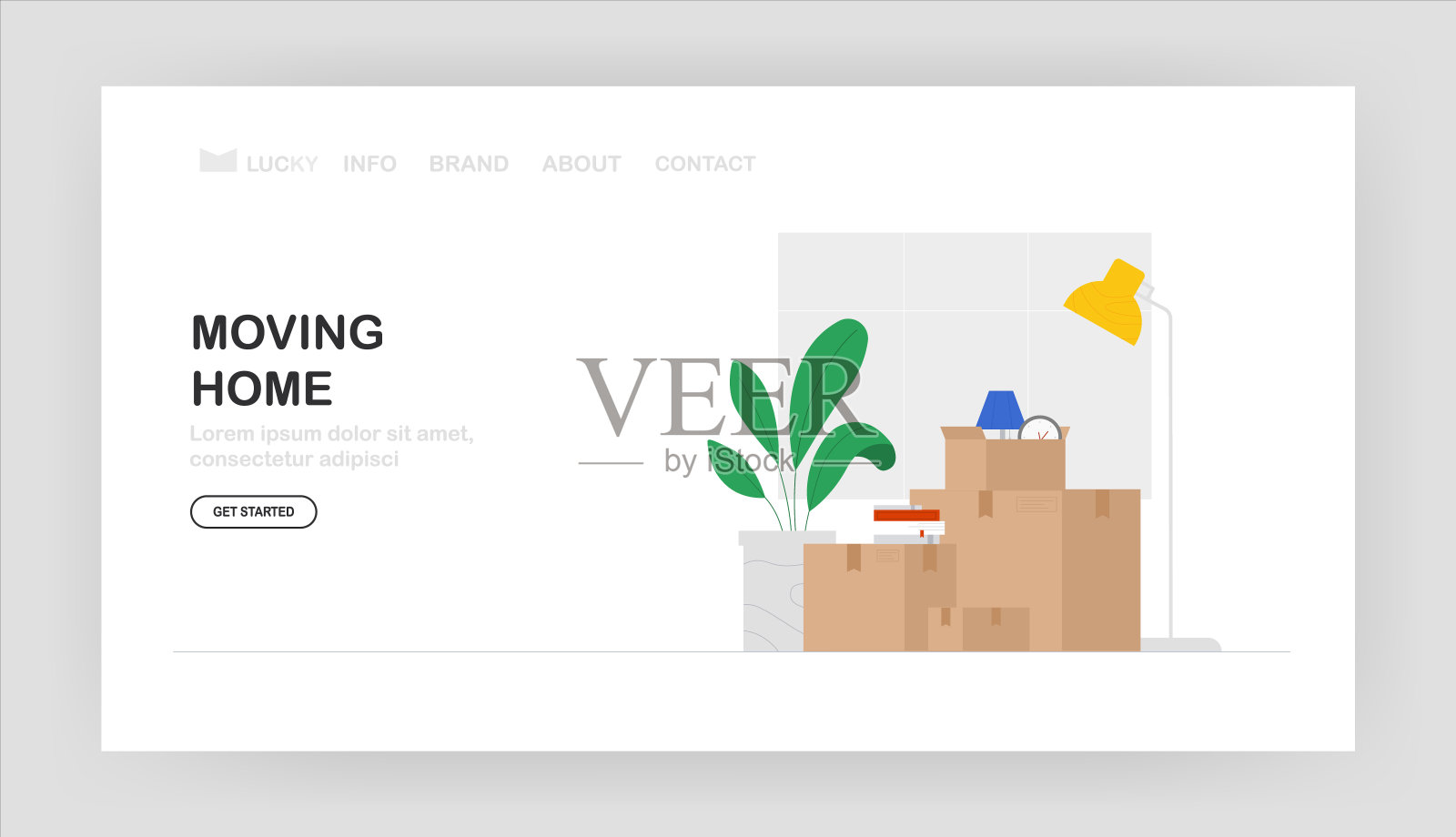 人们搬到新家，搬到新家，横幅，网页。盒子里装着各种各样的东西——一个时钟，一盏灯，房间里的花。矢量插图在平面风格。插画图片素材