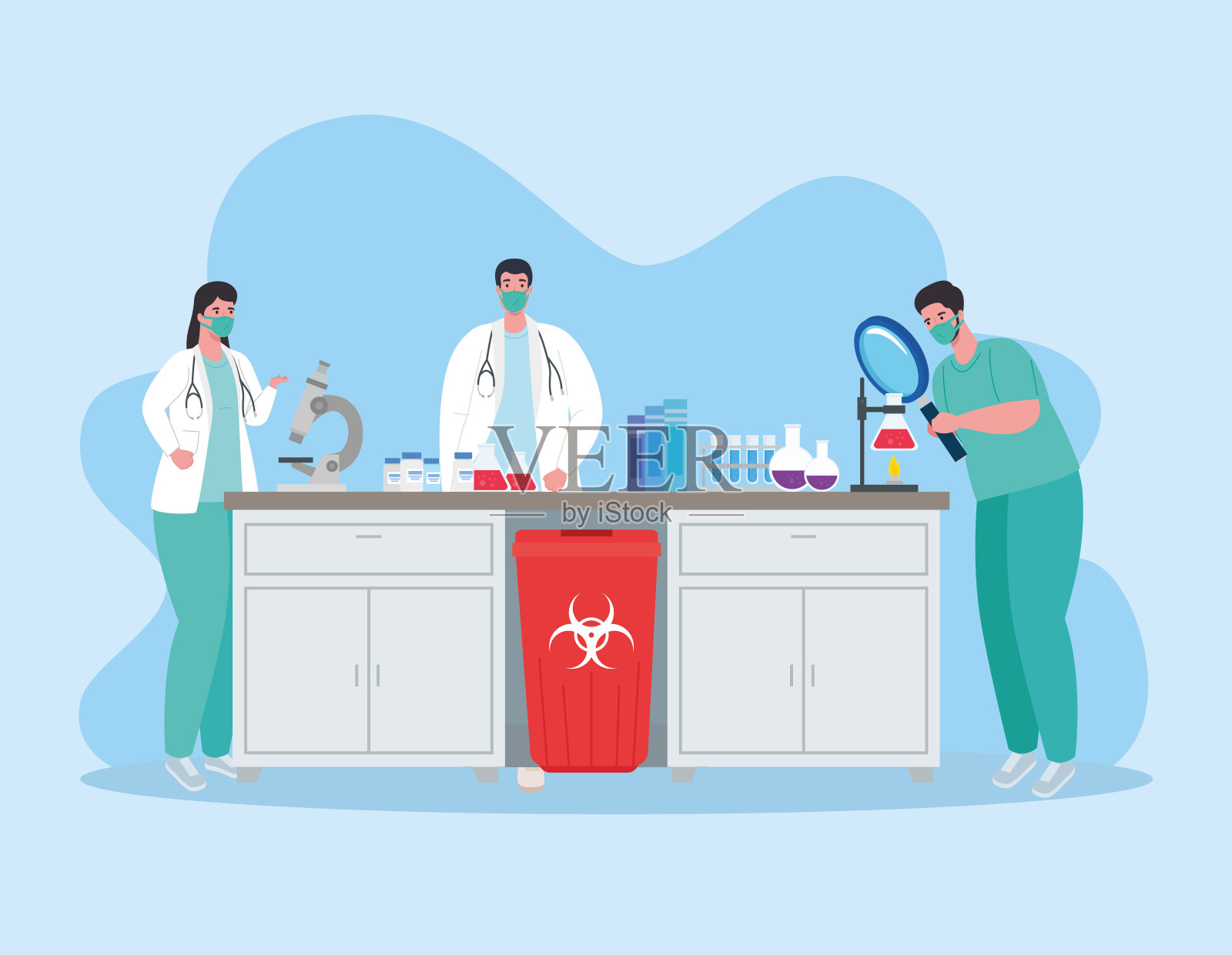 医学疫苗研究，博士组在实验室进行科学的病毒预防研究插画图片素材