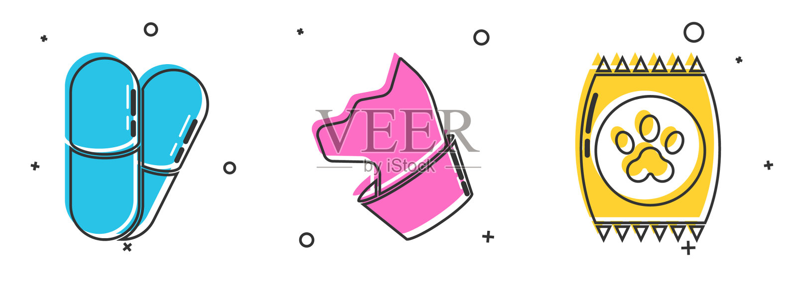 为宠物设置狗、药、猫和袋装食品图标素材