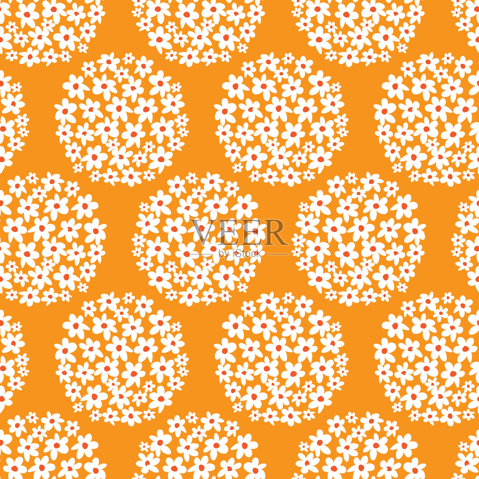 矢量橙色乐趣雏菊花填充圆形重复模式与橙色中心。适用于纺织品、礼品包装、壁纸等。插画图片素材