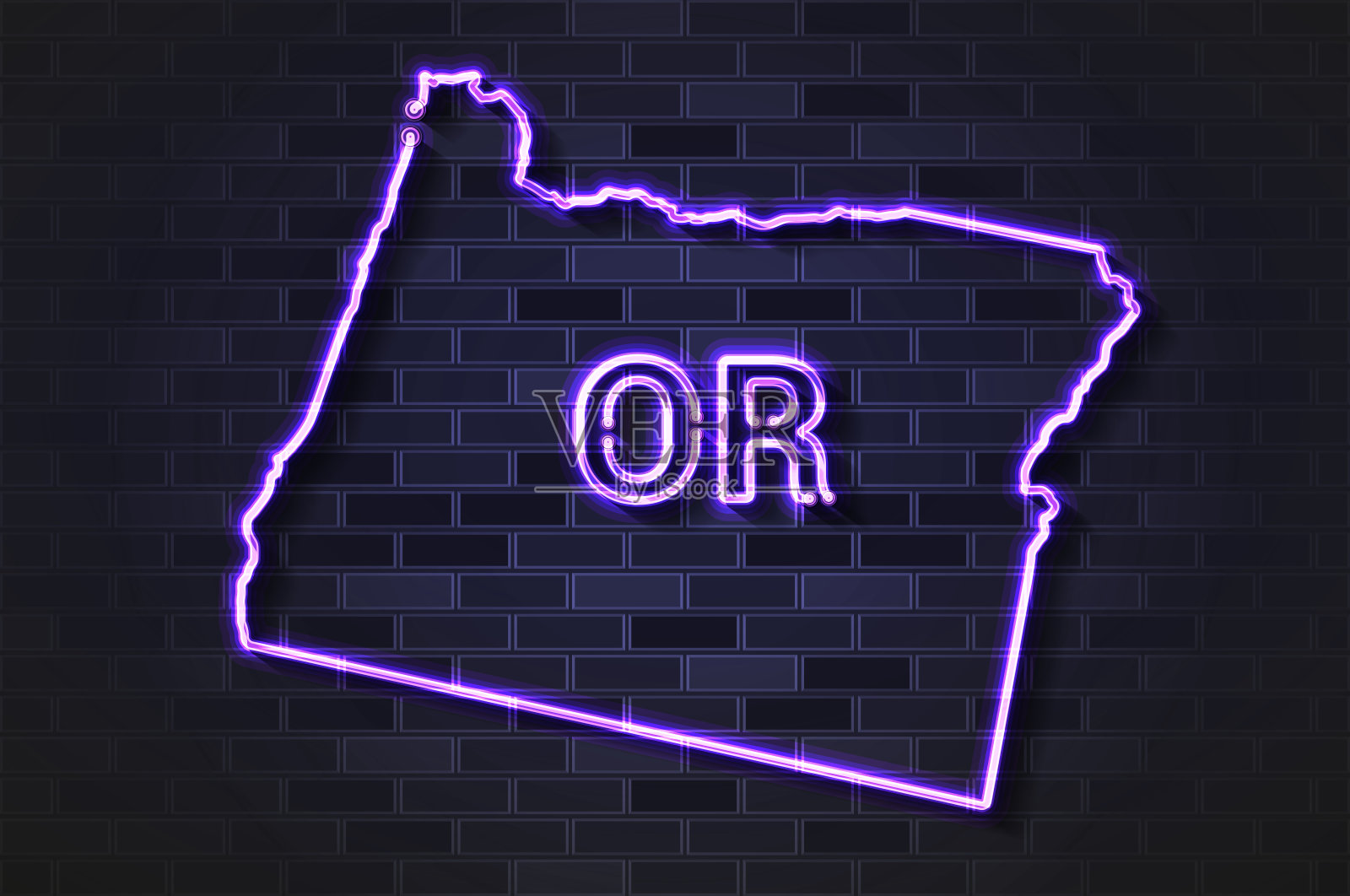 俄勒冈州地图发光的霓虹灯或玻璃管在黑色砖墙上插画图片素材