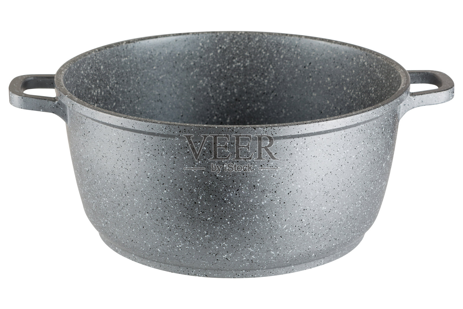 一个铝搪瓷锅，没有盖子，在一个白色的背景照片摄影图片