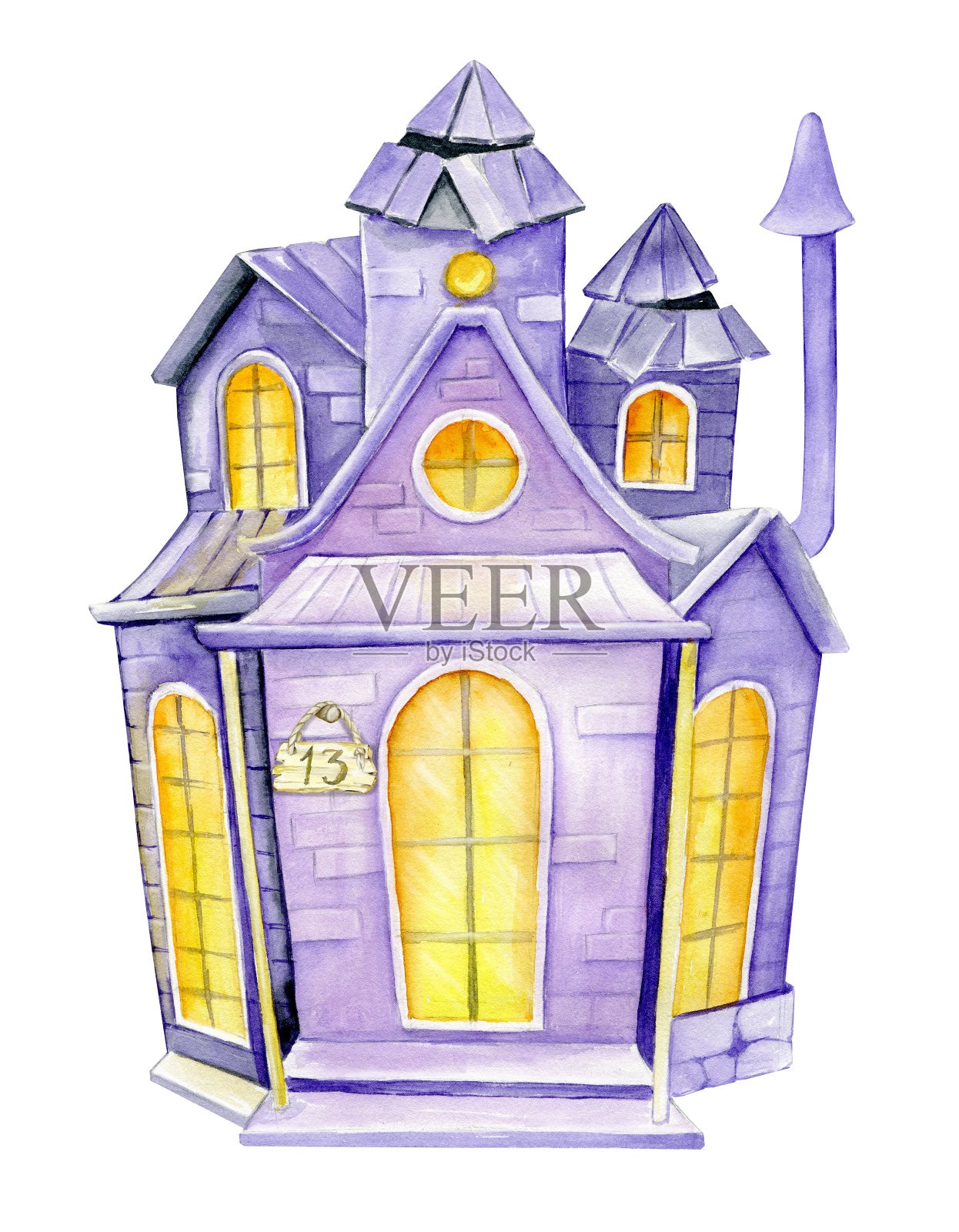 鬼屋手绘卡通风格的白色背景。水彩画，万圣节的象征。插画图片素材