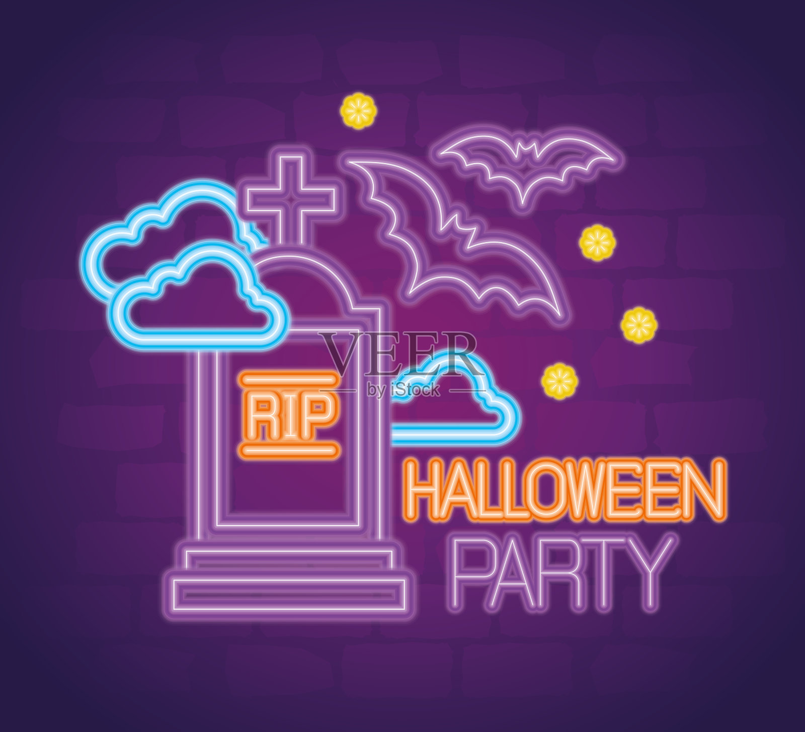 派对万圣节的霓虹灯用墓碑和装饰设计模板素材