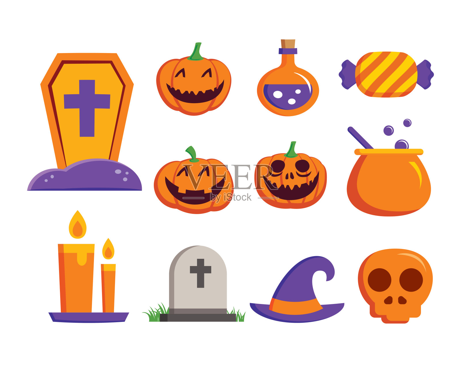 万圣节元素标志设置扁平设计。网站、印刷品、杂志、贴纸和徽章的符号。插画图片素材