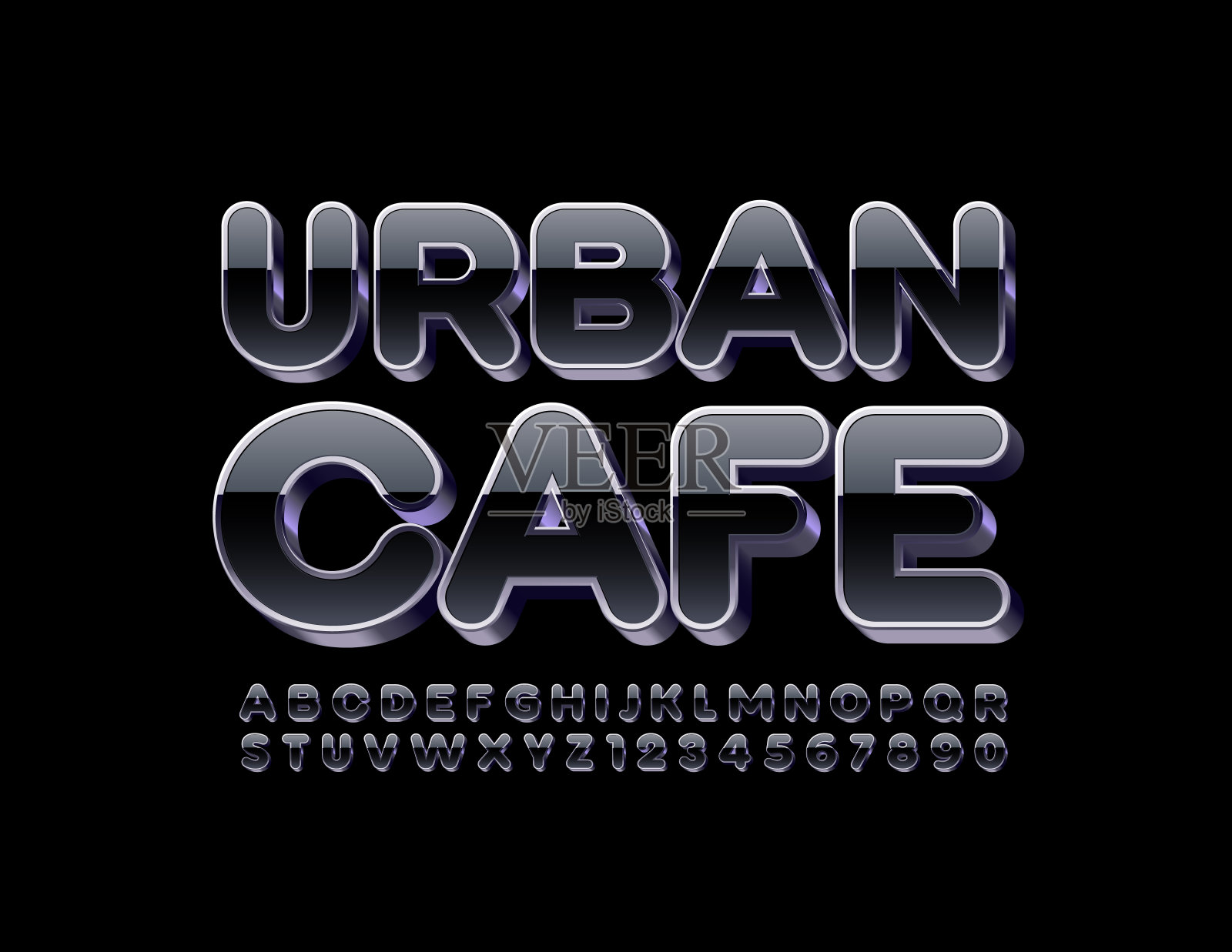 向量现代标识城市咖啡馆。黑色和金属3D字母和数字插画图片素材