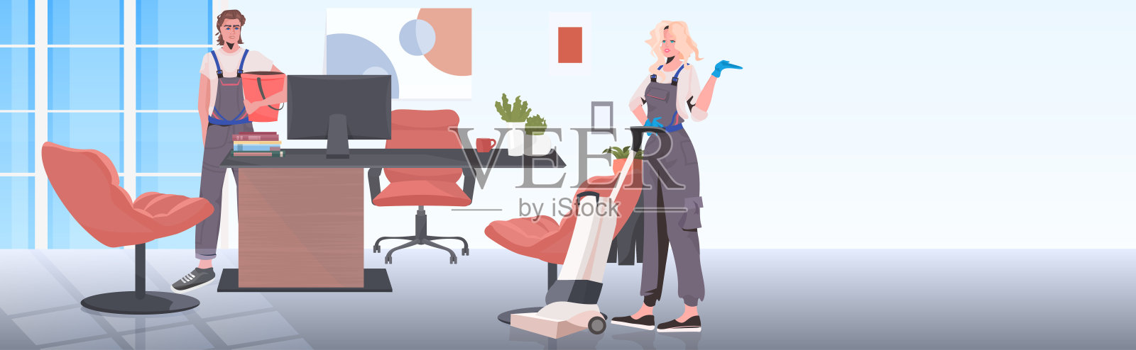 清洁工夫妇消毒地板，防止冠状病毒大流行的清洁服务理念插画图片素材