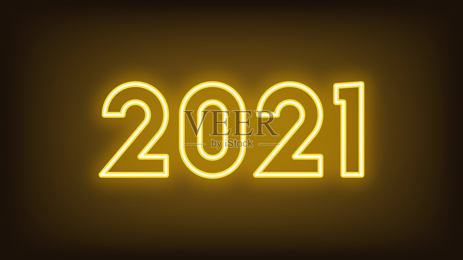 2021年新年。霓虹灯轮廓数字2021，发光的黄色数字。岁次壬午(牛年)插画图片素材
