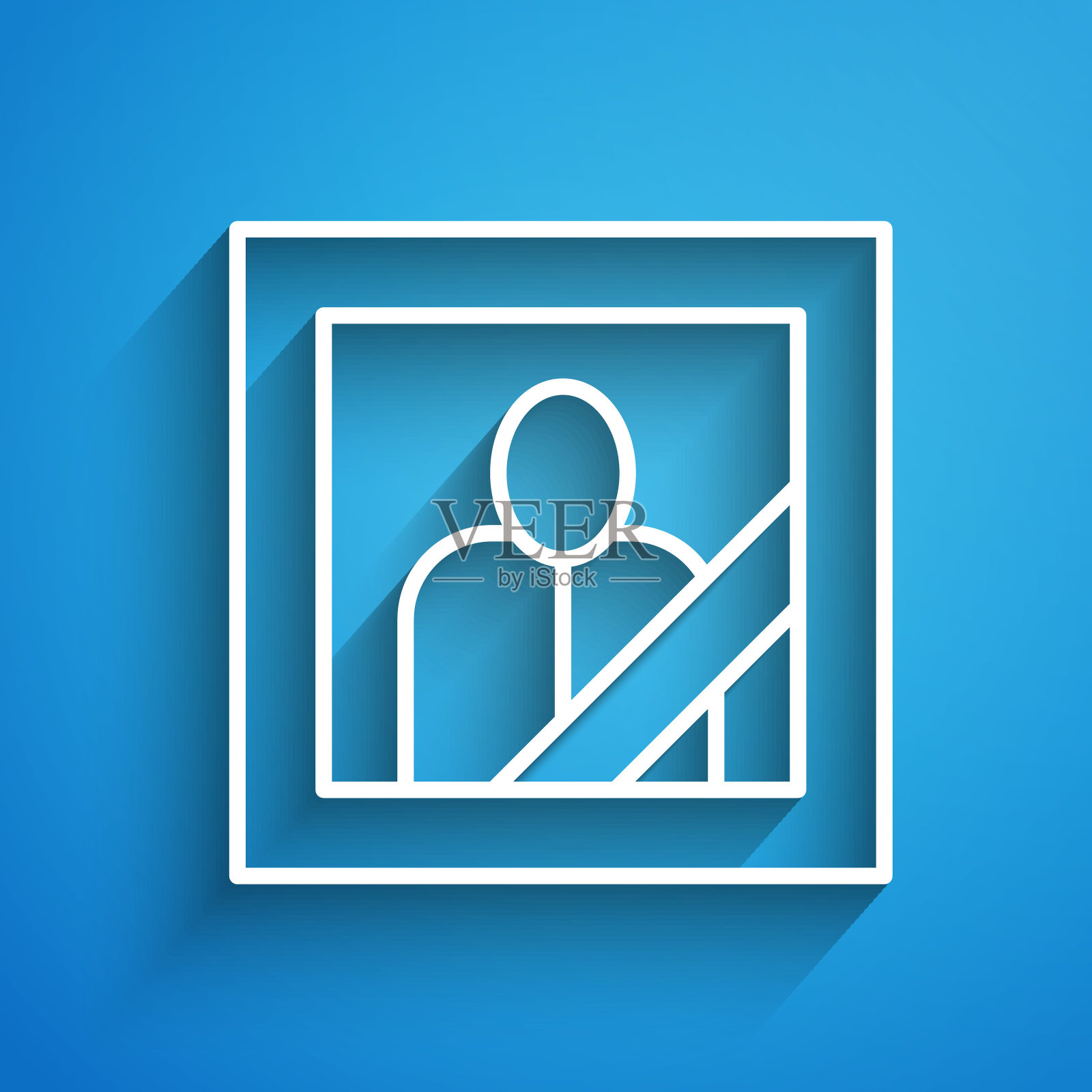 白线哀悼相框与黑色丝带图标隔离在蓝色背景。葬礼仪式和吊唁卡的布置。长长的阴影。向量插画图片素材