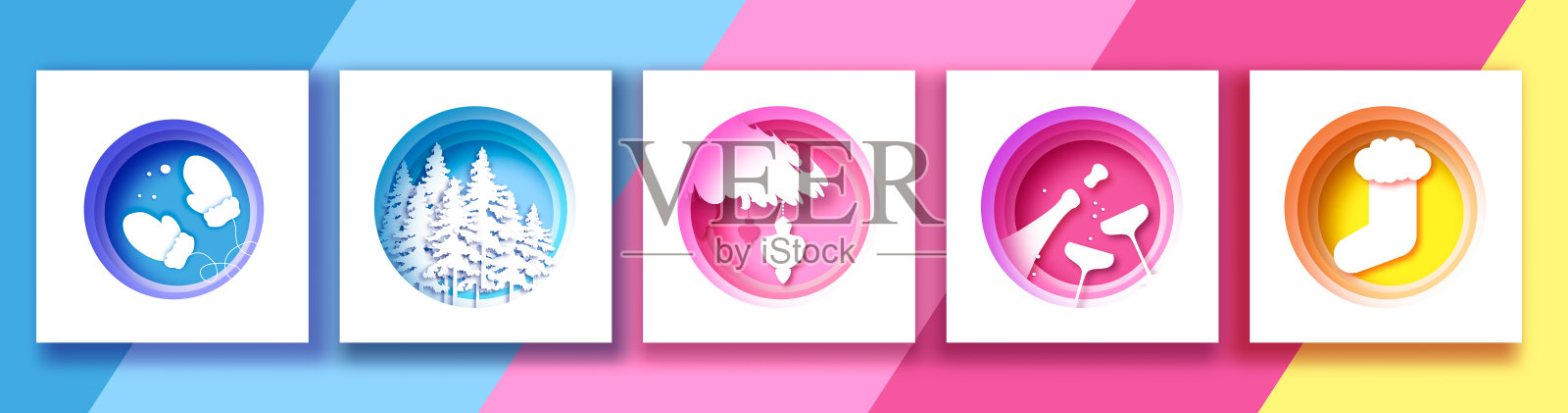 圣诞快乐剪纸横幅。圣诞手套，白色森林，香槟饮料，袜子，装饰物和花环的圣诞设计。新年贺卡。冬天的时间。季节性的节日插画图片素材