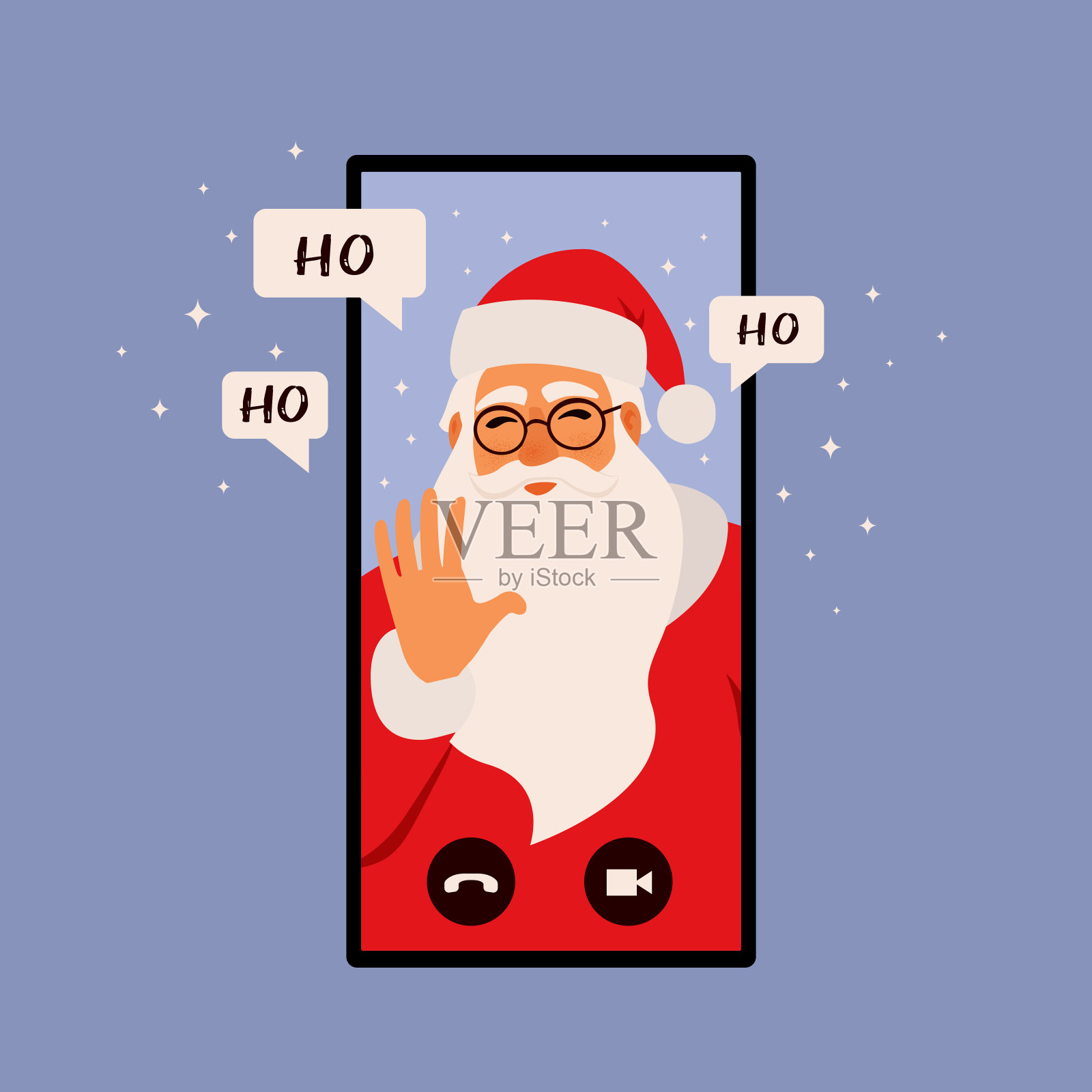 在线祝贺应用程序，圣诞概念插图。有圣诞老人的智能手机在打电话。平面插画风格。插画图片素材