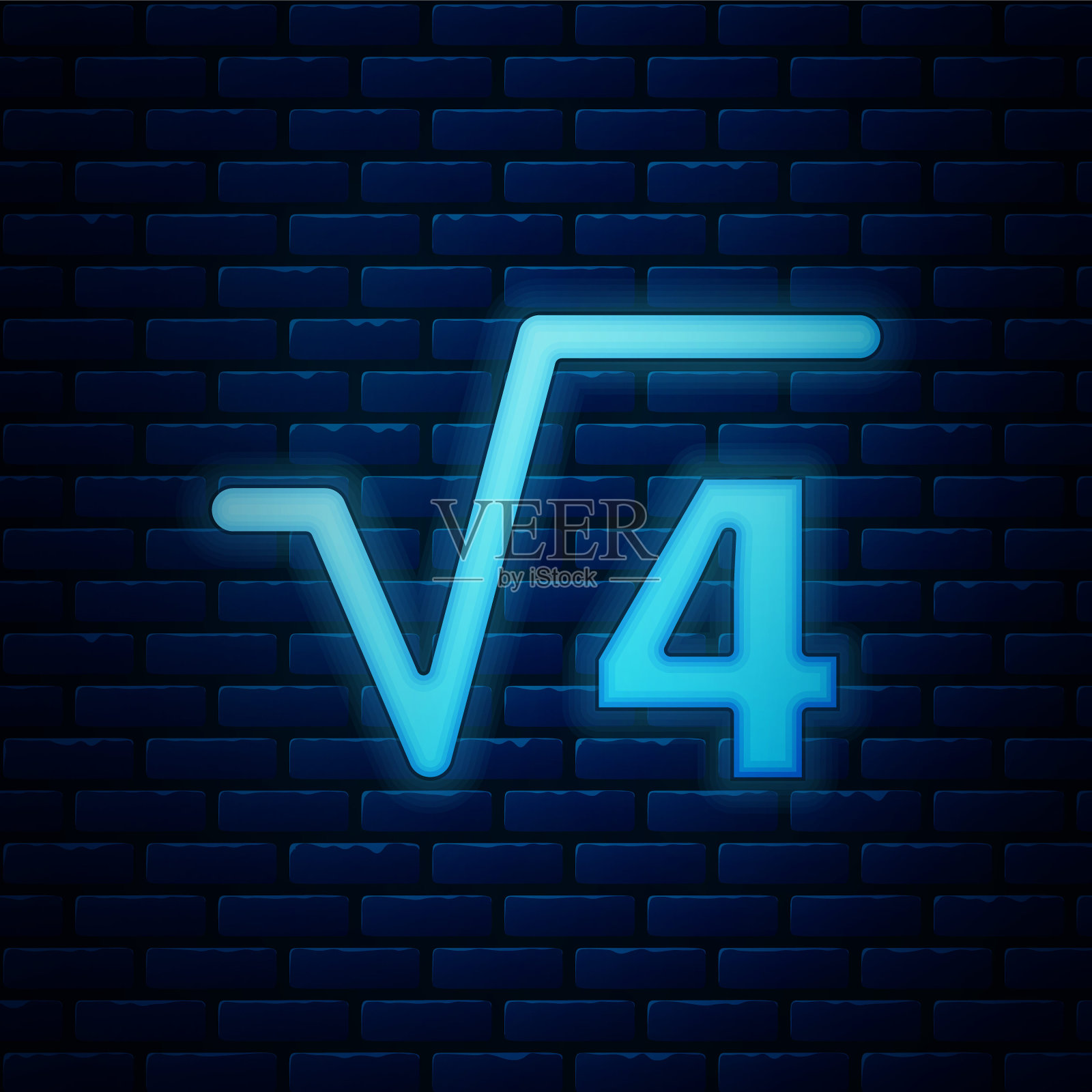发光霓虹灯的根号4字形图标孤立在砖墙背景。数学表达式。向量插画图片素材