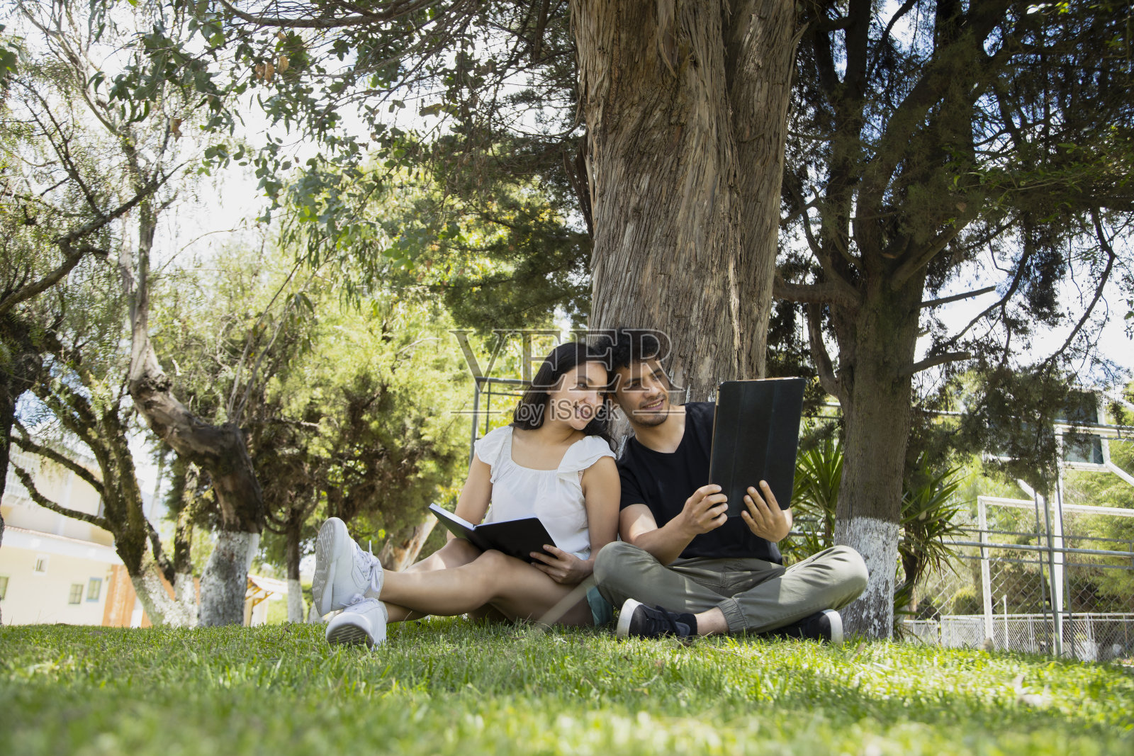 一对年轻的西班牙夫妇坐在树下，在一个阳光明媚的日子里在公园里读书——年轻人坐在草地上，在大自然中拿着电子平板电脑和一本书学习——夫妇们在自拍照片摄影图片