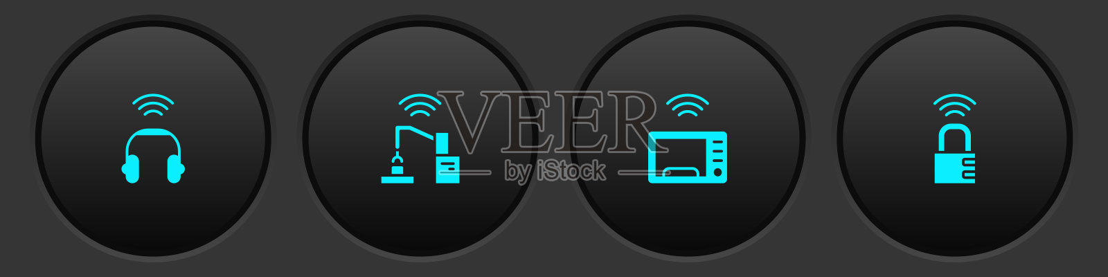 设置智能耳机，机器人机械臂手工厂，微波炉和安全密码锁图标。向量图标素材