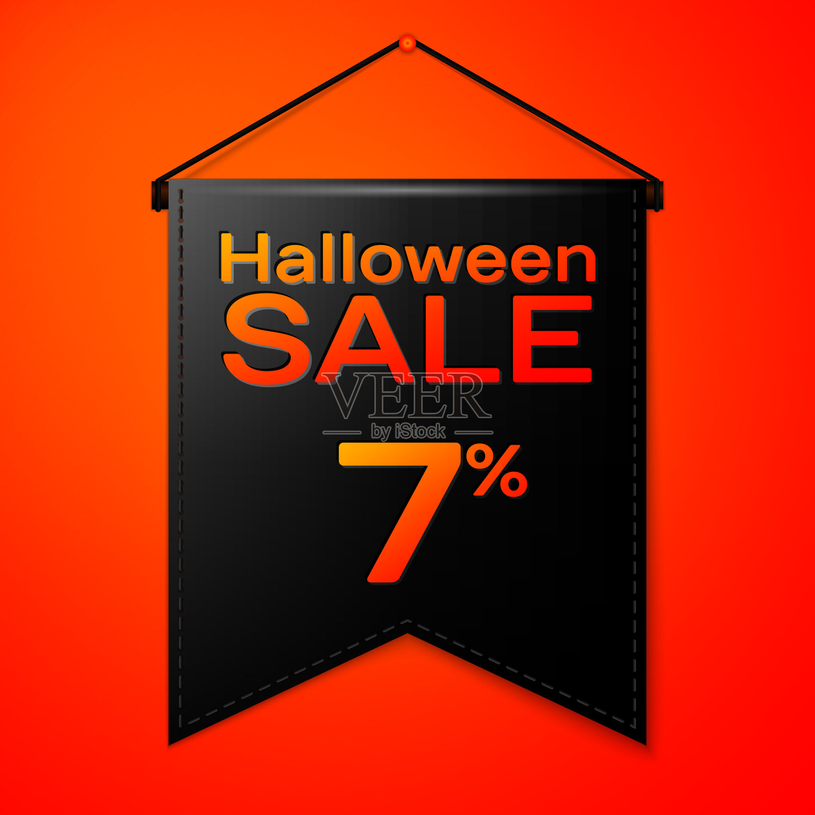 逼真的黑色三角旗与题字万圣节销售百分之七的折扣，在红色背景。彩色贴纸，横幅出售，购物，商业主题。矢量图设计元素图片