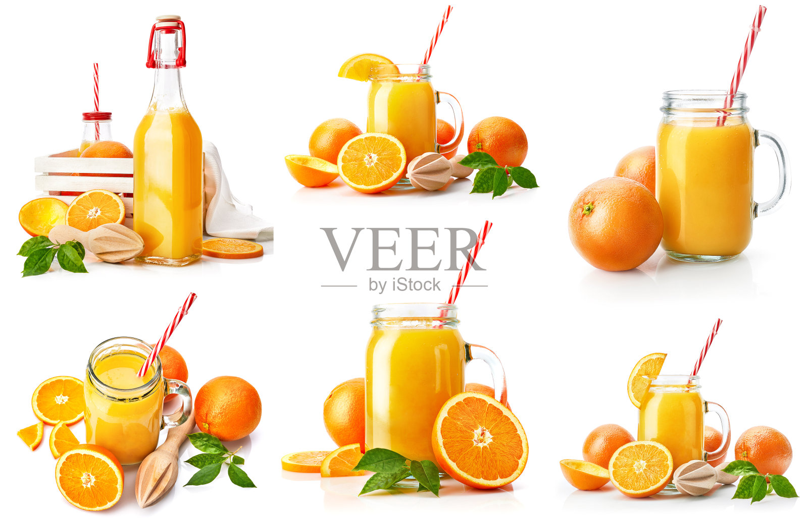 拼贴画将新鲜的橙汁与水果和绿叶组合在一起照片摄影图片