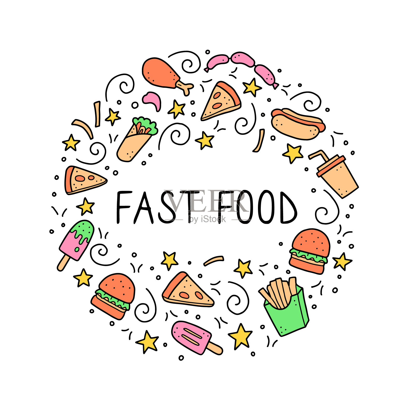 一套手绘快餐涂鸦。矢量图插画图片素材