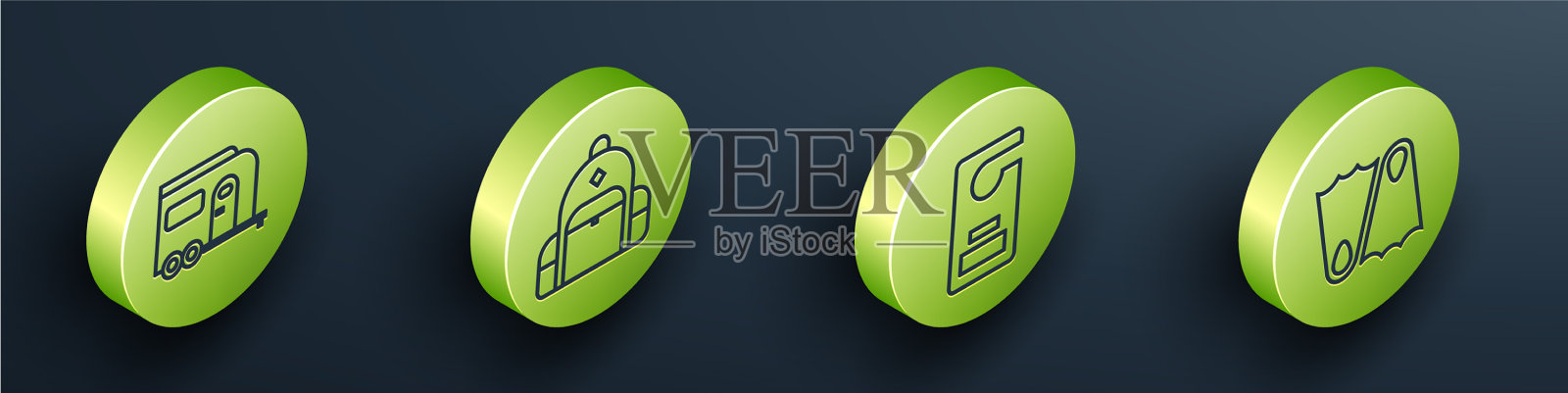 设置等距房车露营拖车徒步背包图标素材