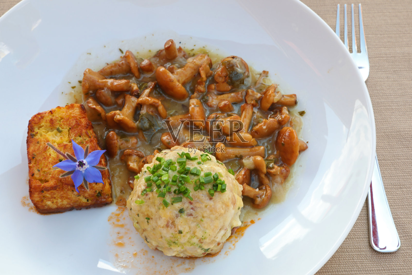 Semmelkndel和蘑菇，南蒂罗尔板照片摄影图片