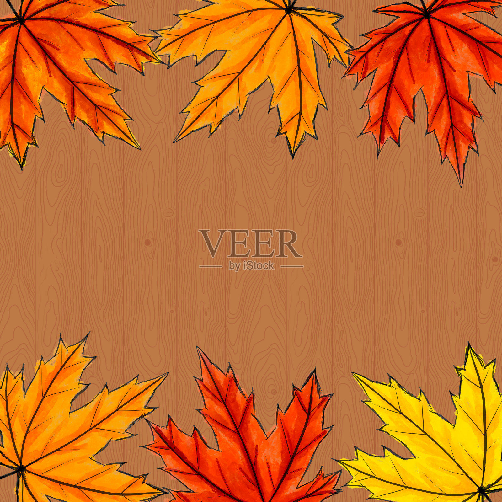 复制空间周围的黄色，橙色和红色的枫叶。框架的秋天秋天的树叶在棕色的木制背景。用于社交网络或邀请、明信片的方形构图。数字艺术插画图片素材