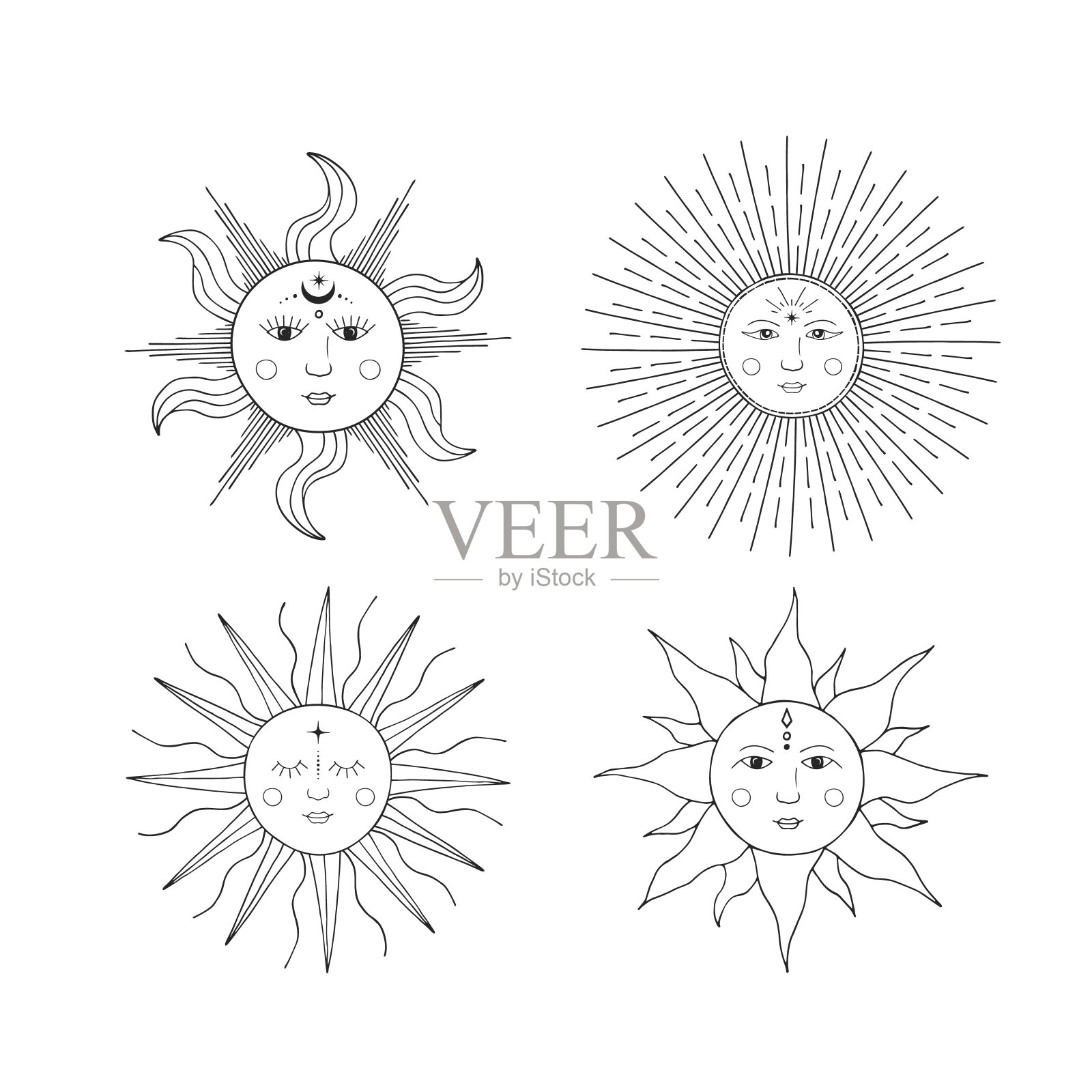 一组神秘的和天上的太阳的面孔。矢量空间插图在波西米亚风格。插画图片素材