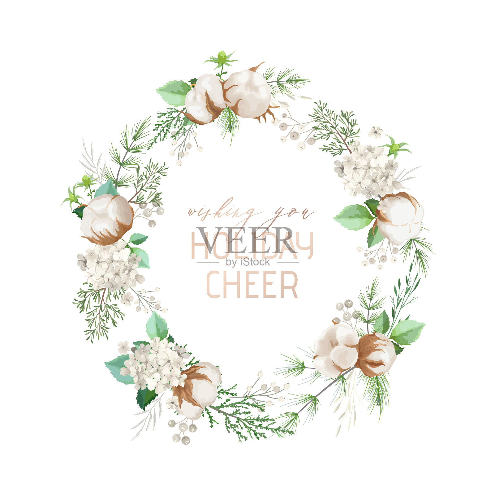 圣诞冬花环，青松，棉花花，冬青浆果。设计圣诞贺卡模板。矢量插图的横幅，传单，封面。向量花卉插图插画图片素材