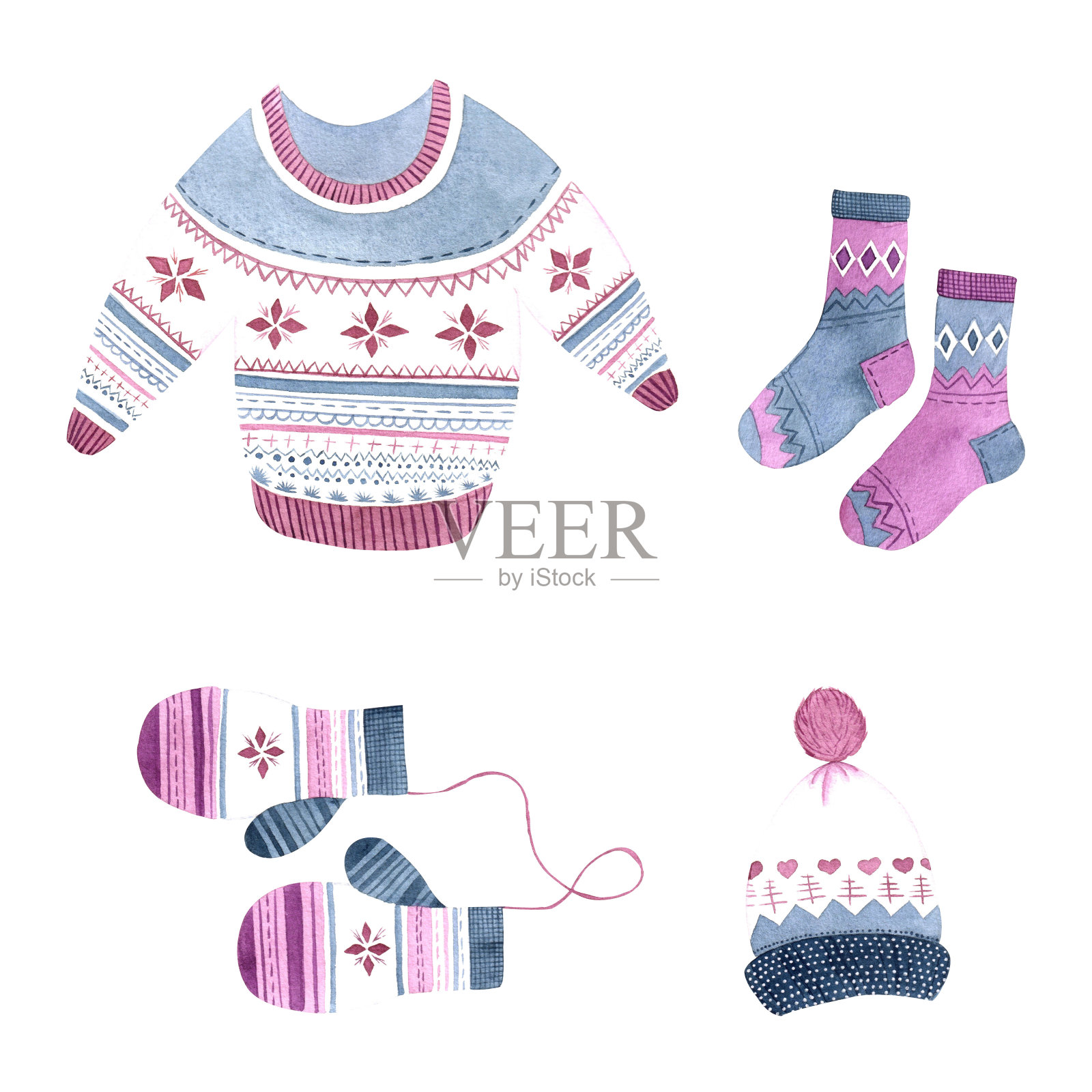 水彩画一套冬装。圣诞毛衣，手套，袜子和帽子裁剪在白色的背景插画图片素材
