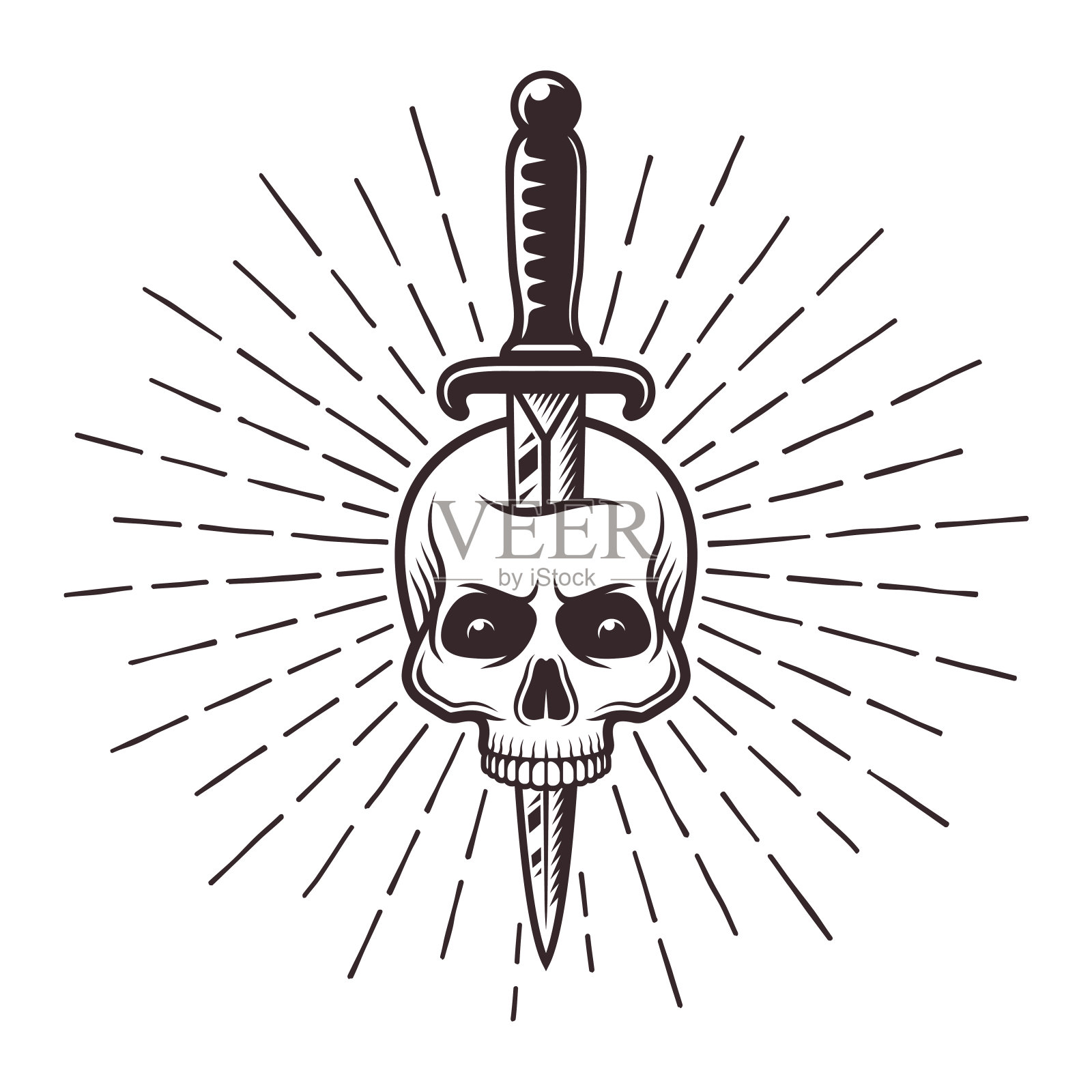 刀在头骨纹身打印与射线向量单色插图在复古风格孤立的白色背景插画图片素材