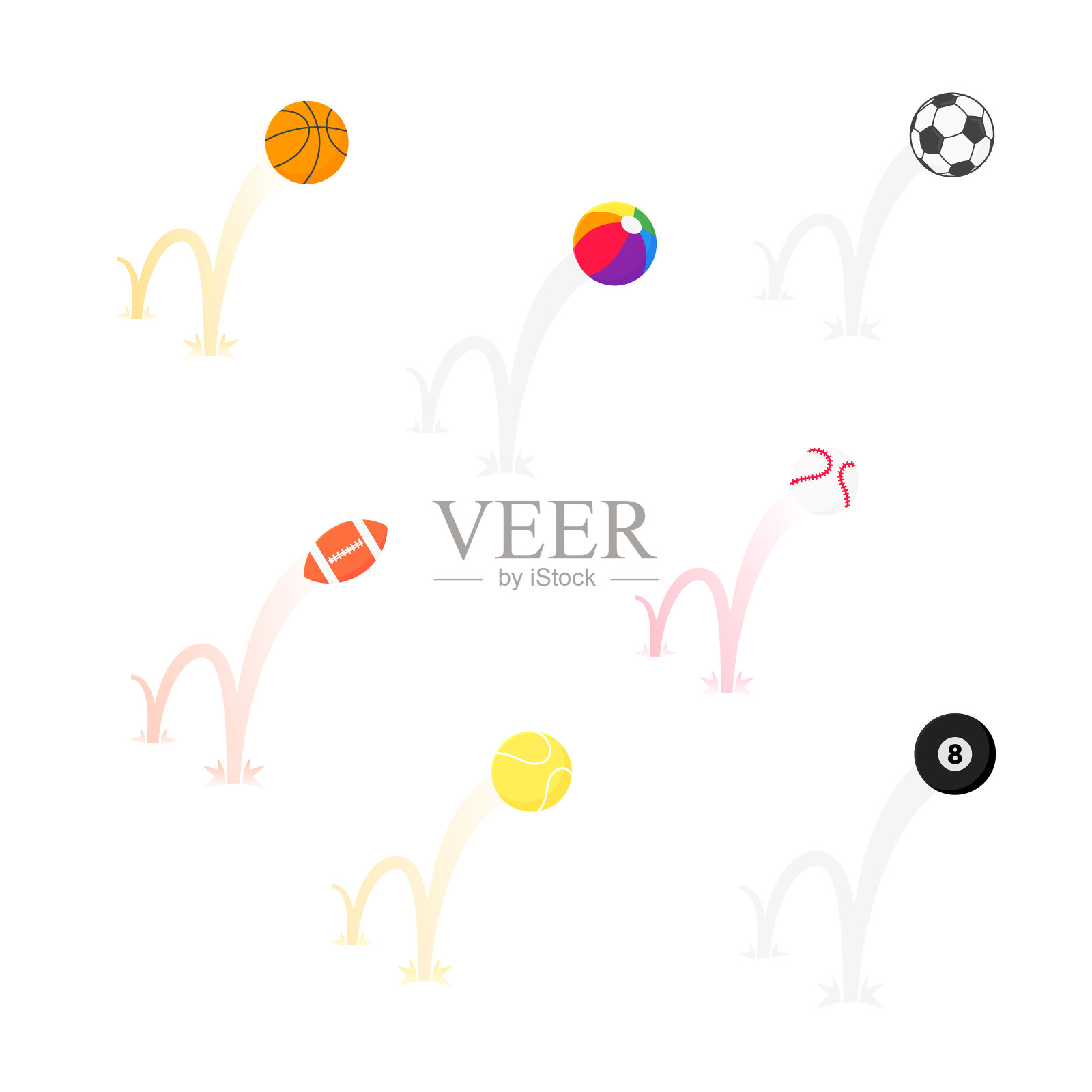 跳跃的沙滩球平面风格设计矢量插图集图标标志孤立在白色的背景。复古风格的充气玩具夏季游戏或假期。插画图片素材