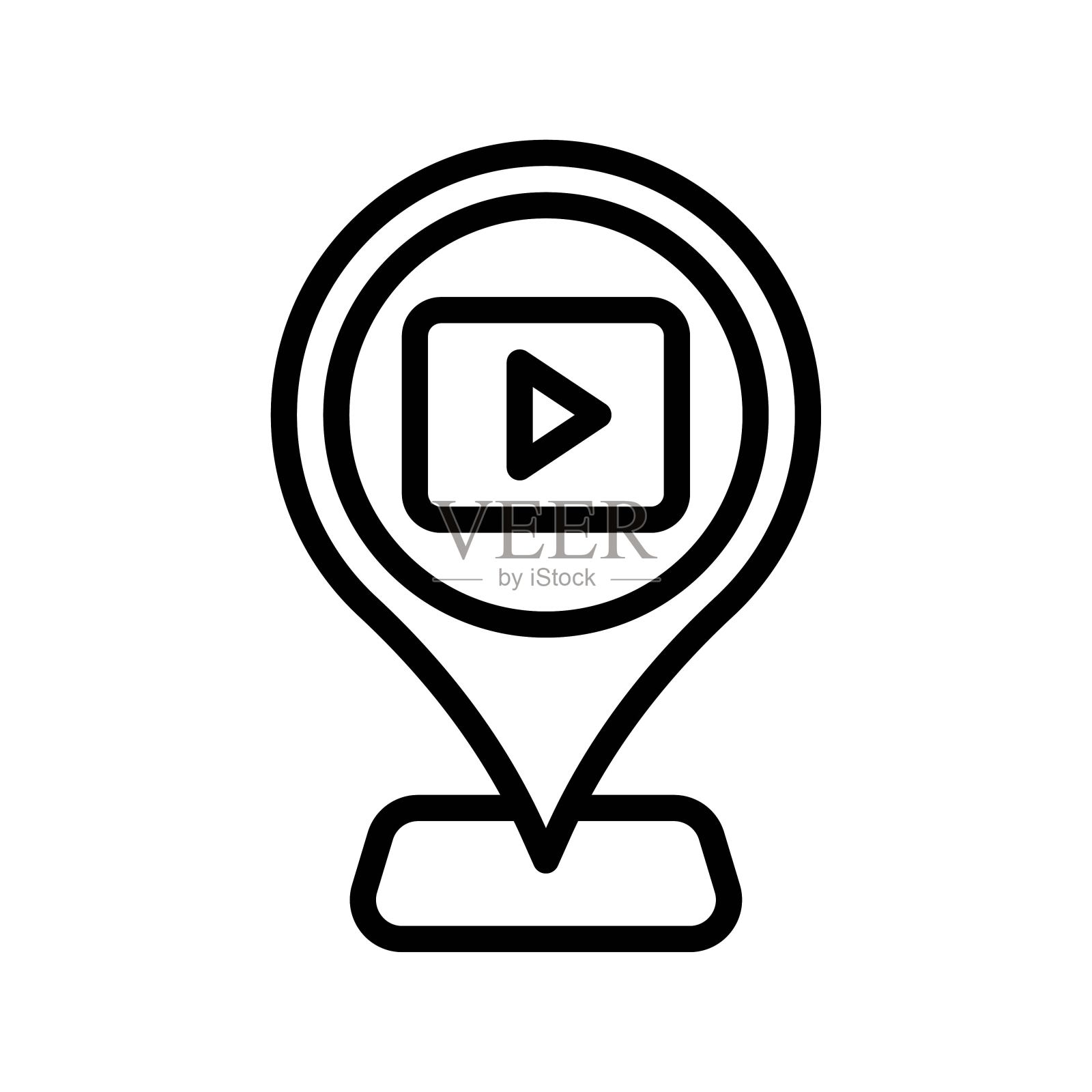 直播和流媒体相关的播放按钮与定位引脚向量在线性风格，插画图片素材