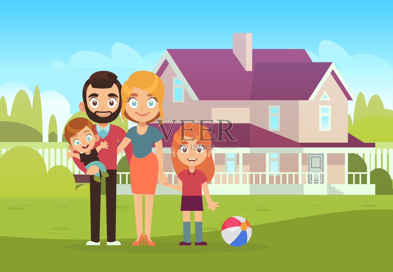 幸福的家庭背景的房子。买房和搬到新公寓，父母父母儿子和女儿孩子的户外前家建筑夏季景观平面矢量插画插画图片素材