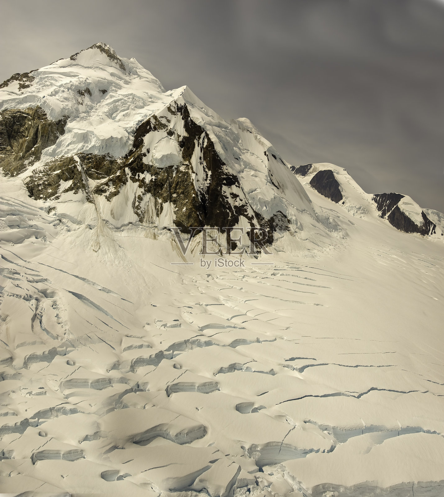 柏格施伦德，裂缝，阿拉斯加冰川上的冰瀑，风景飞行在冰川湾国家公园，阿拉斯加。从空中看冰川的特征。冰原岛峰。照片摄影图片